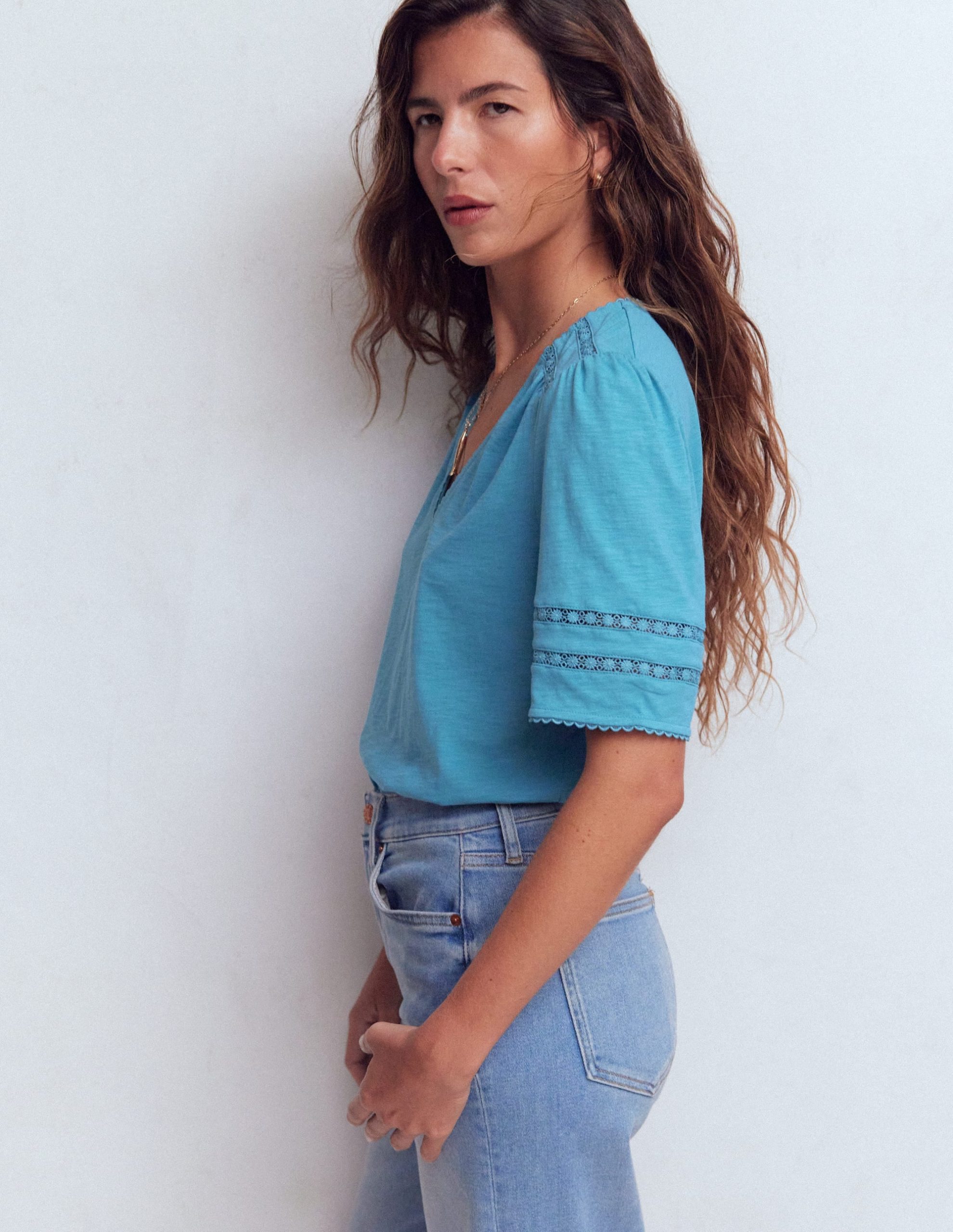 Poppy Trim V Neck T-Shirt-Duck Egg Blue - Image 5