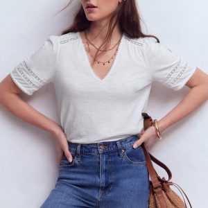 Poppy Trim V Neck T-Shirt-White