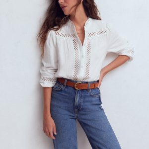 Trim Detail Double Cloth Top-White