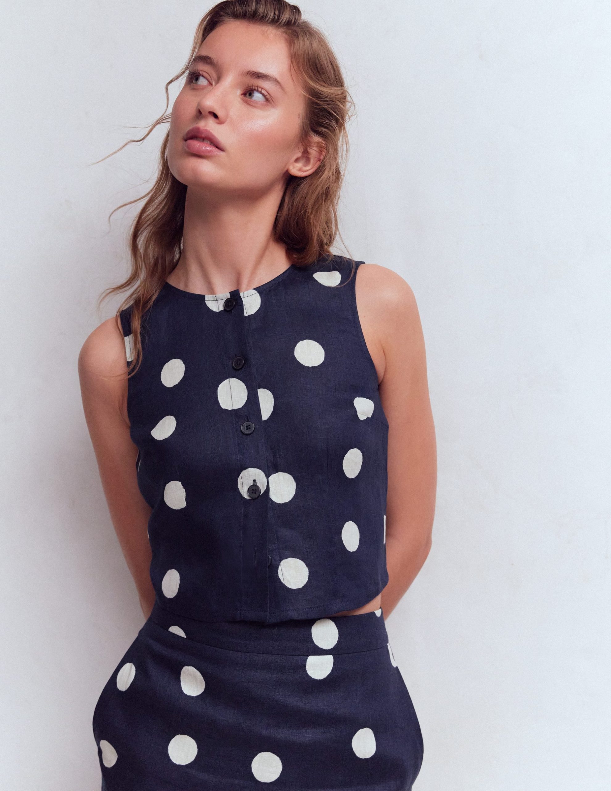 Andrea Linen Shell Top-French Navy. Painted Dot