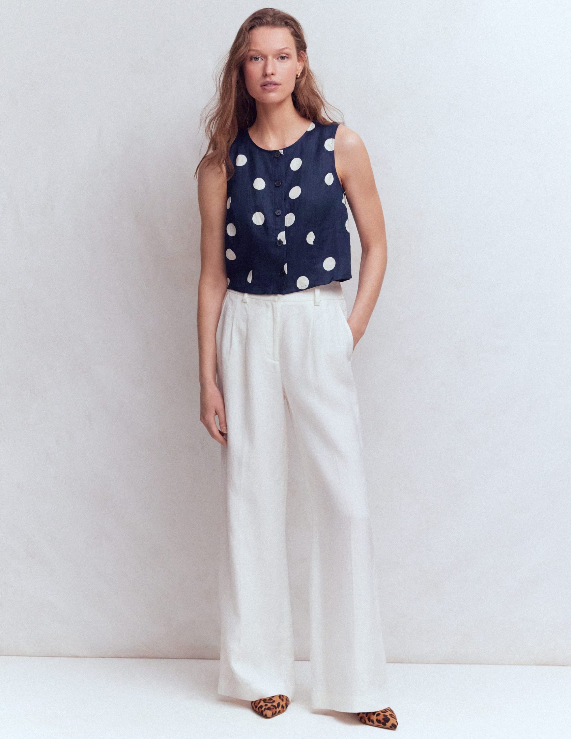 Andrea Linen Shell Top-French Navy. Painted Dot - Image 5