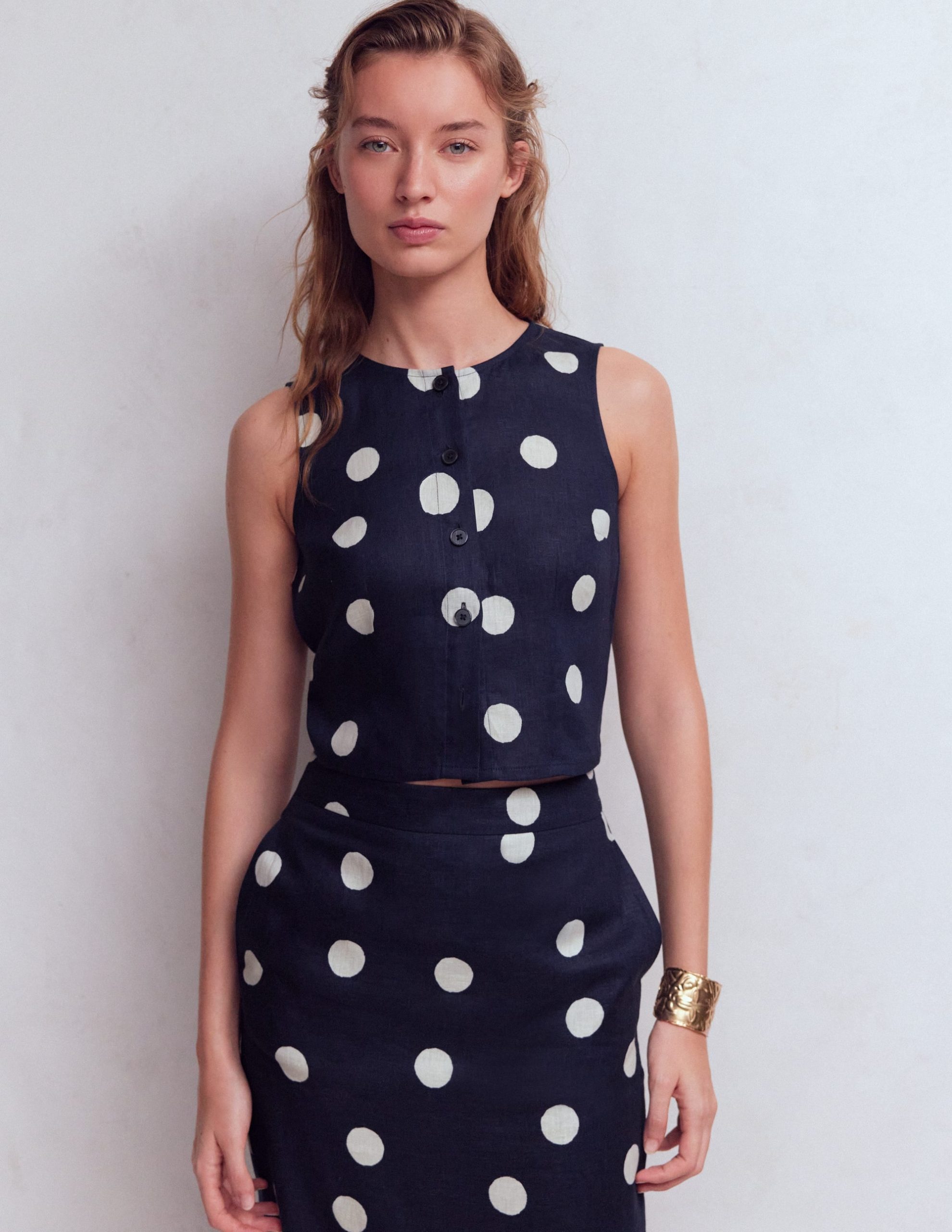Andrea Linen Shell Top-French Navy. Painted Dot - Image 6