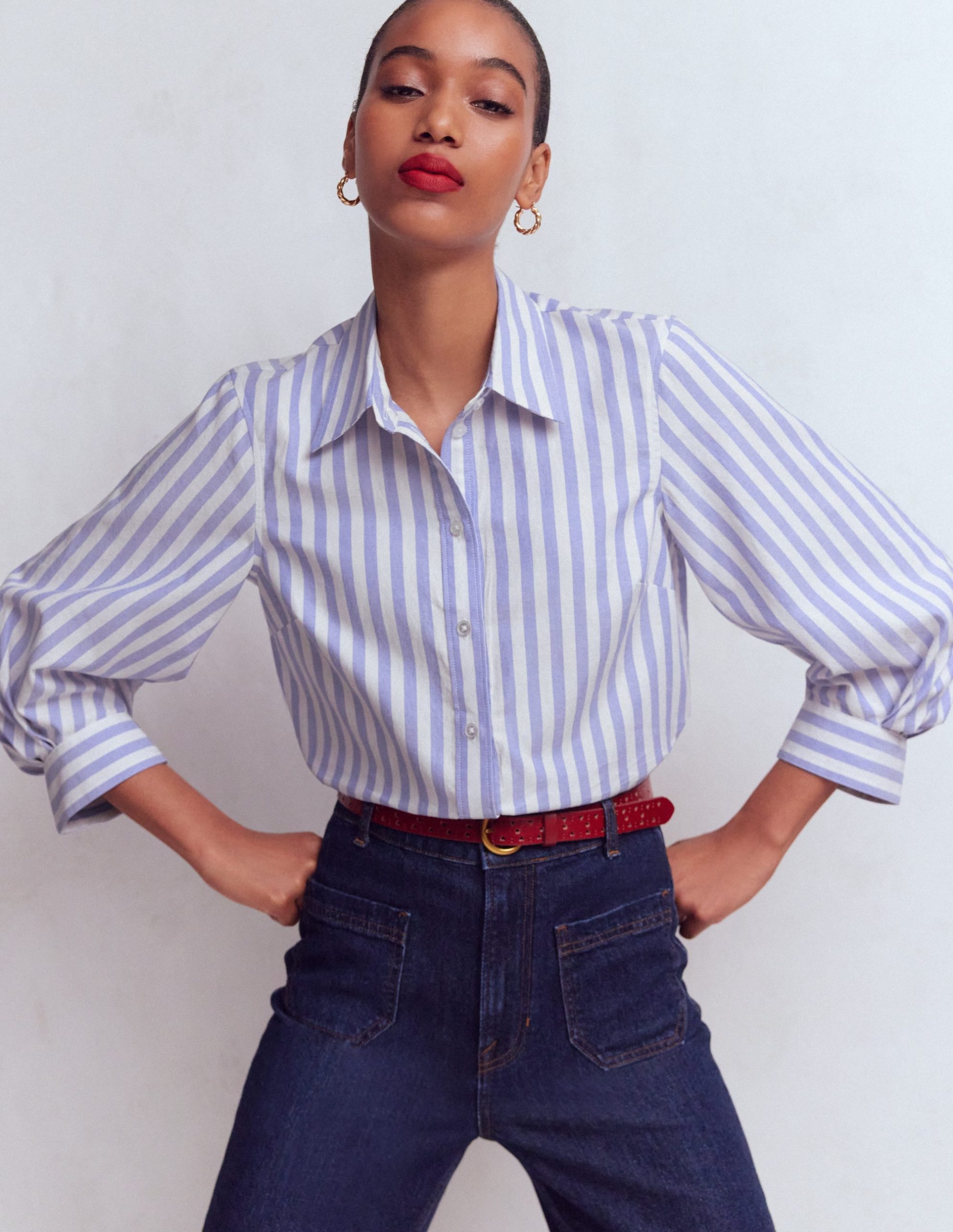 Puff Sleeve Oxford Shirt-Navy. Ivory Stripe