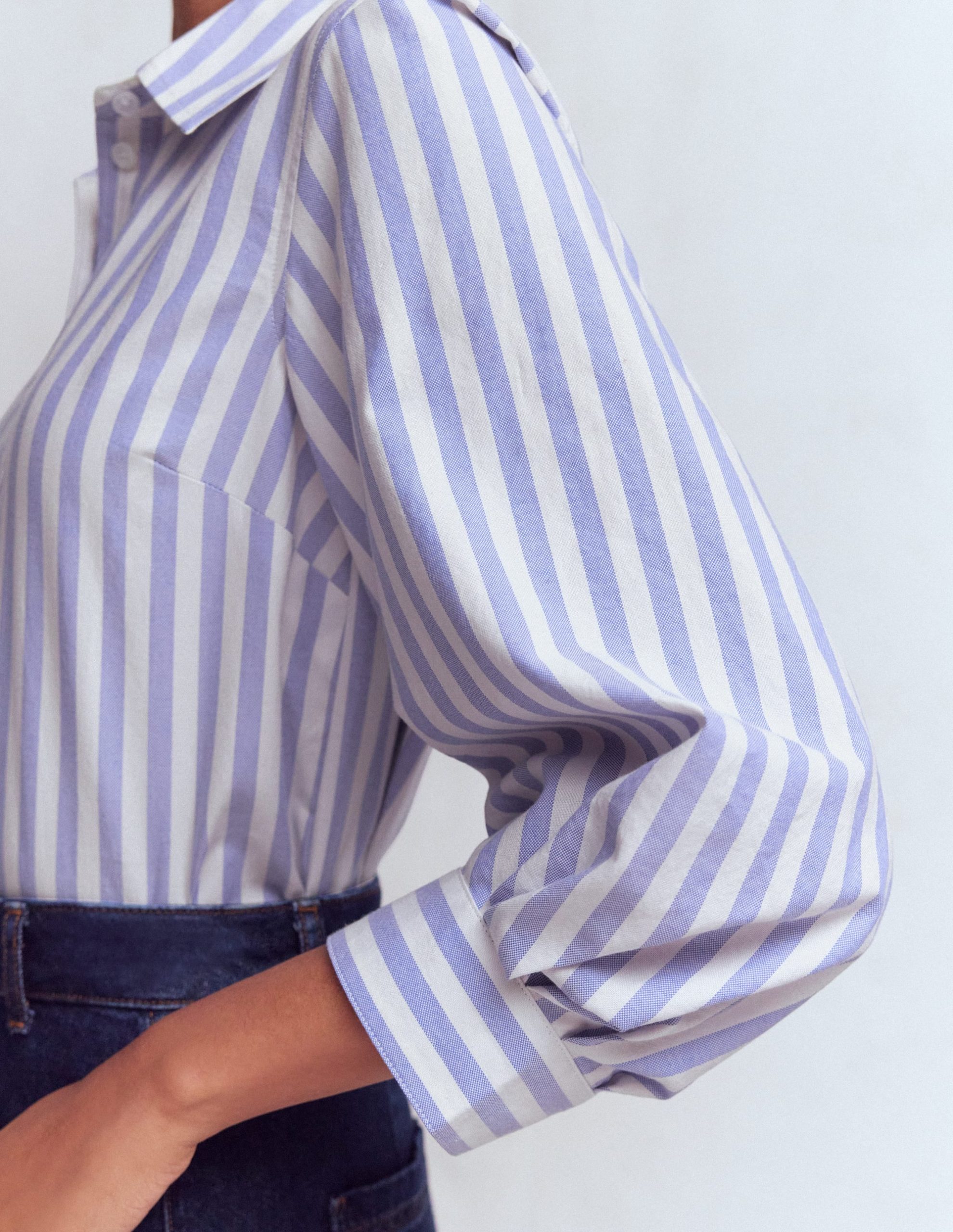 Puff Sleeve Oxford Shirt-Navy. Ivory Stripe - Image 2