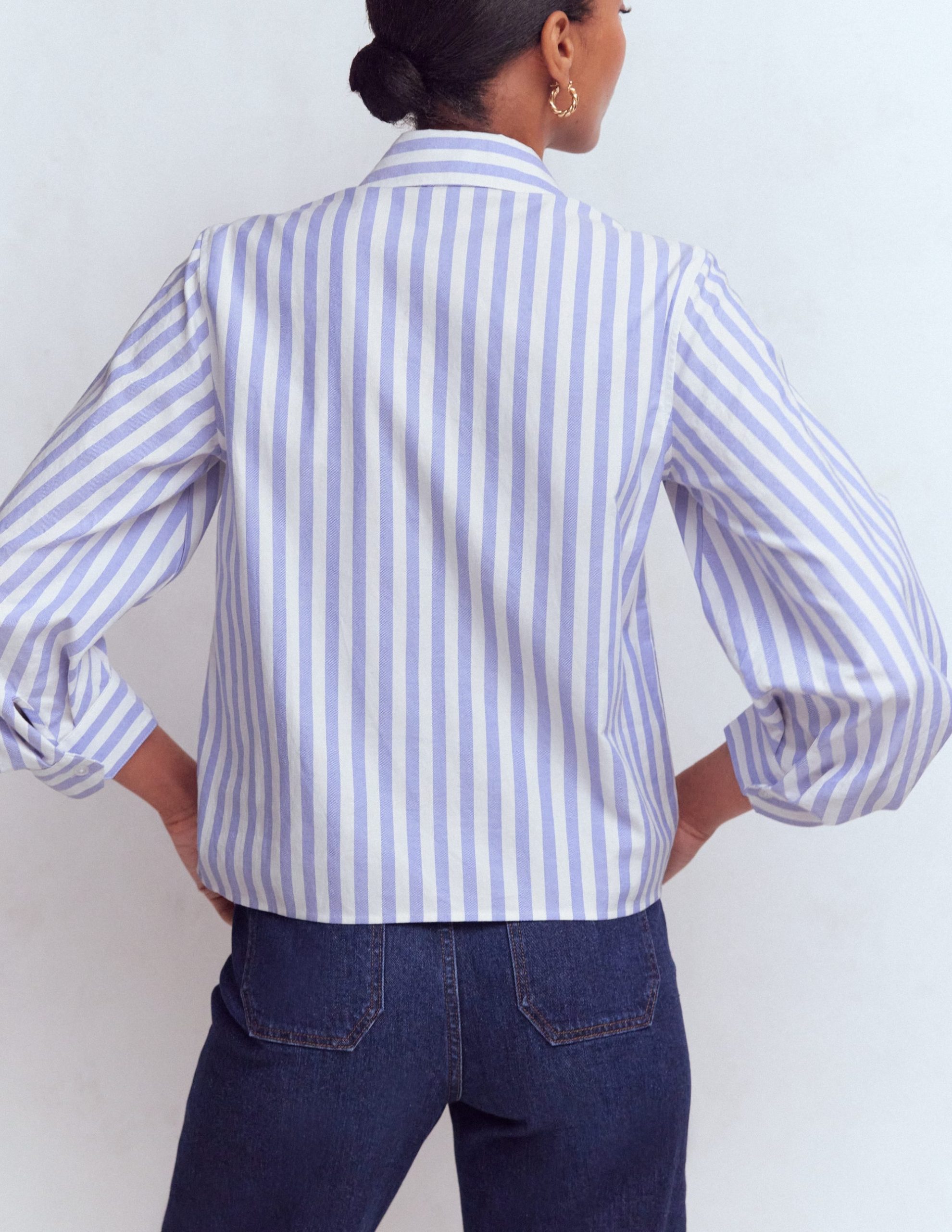 Puff Sleeve Oxford Shirt-Navy. Ivory Stripe - Image 3
