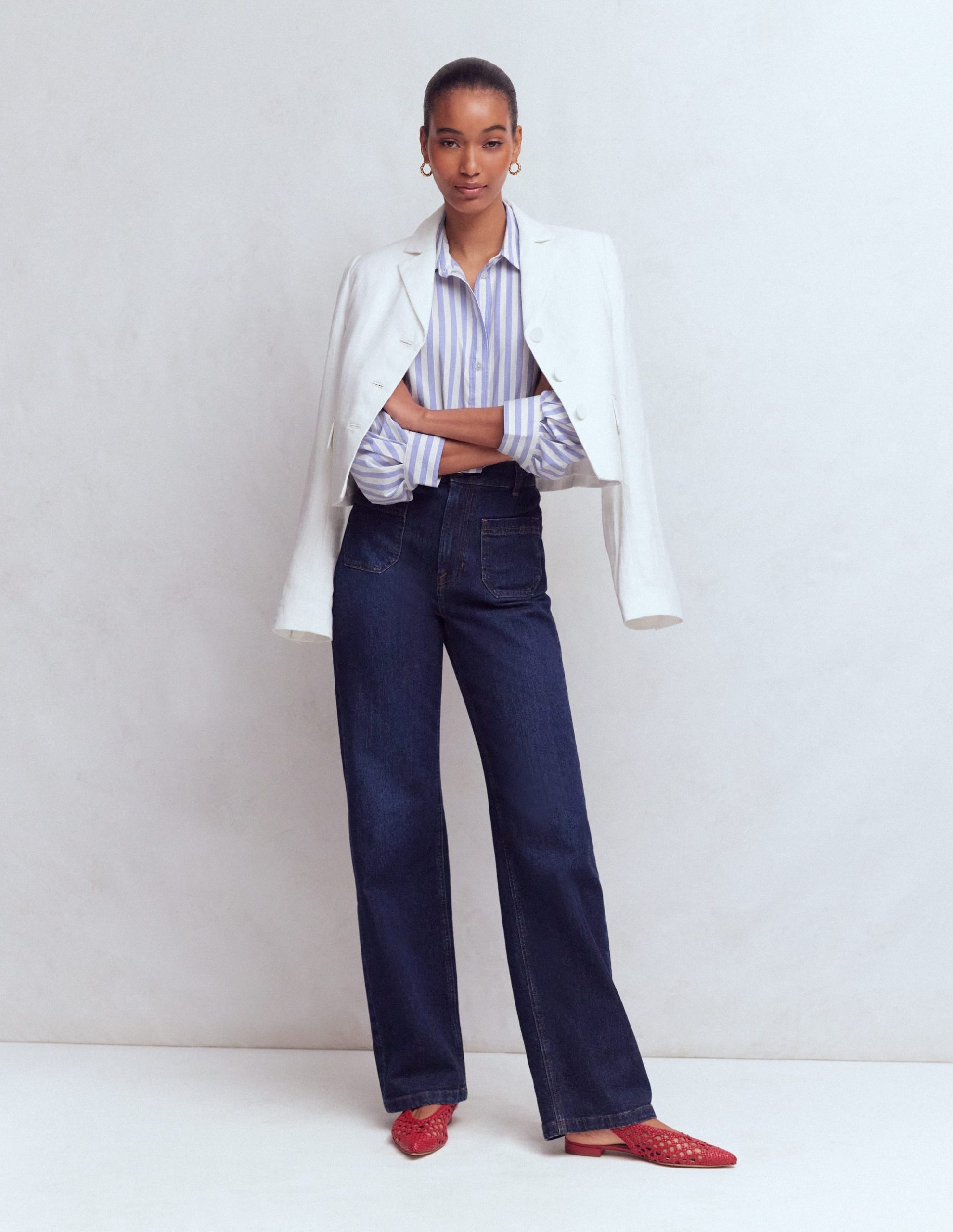 Puff Sleeve Oxford Shirt-Navy. Ivory Stripe - Image 4