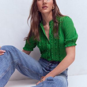 Eda Ruffle Front Shirt-Fresh Green