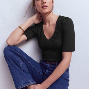 Smocked V Neck Top-Black