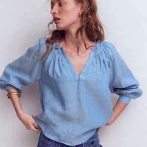 Serena Pleat Neck Linen Top-Chambray