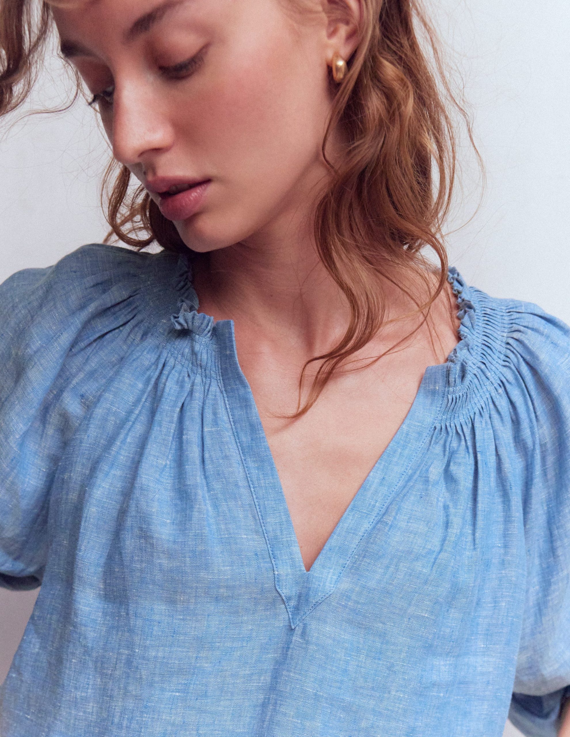 Serena Pleat Neck Linen Top-Chambray - Image 2