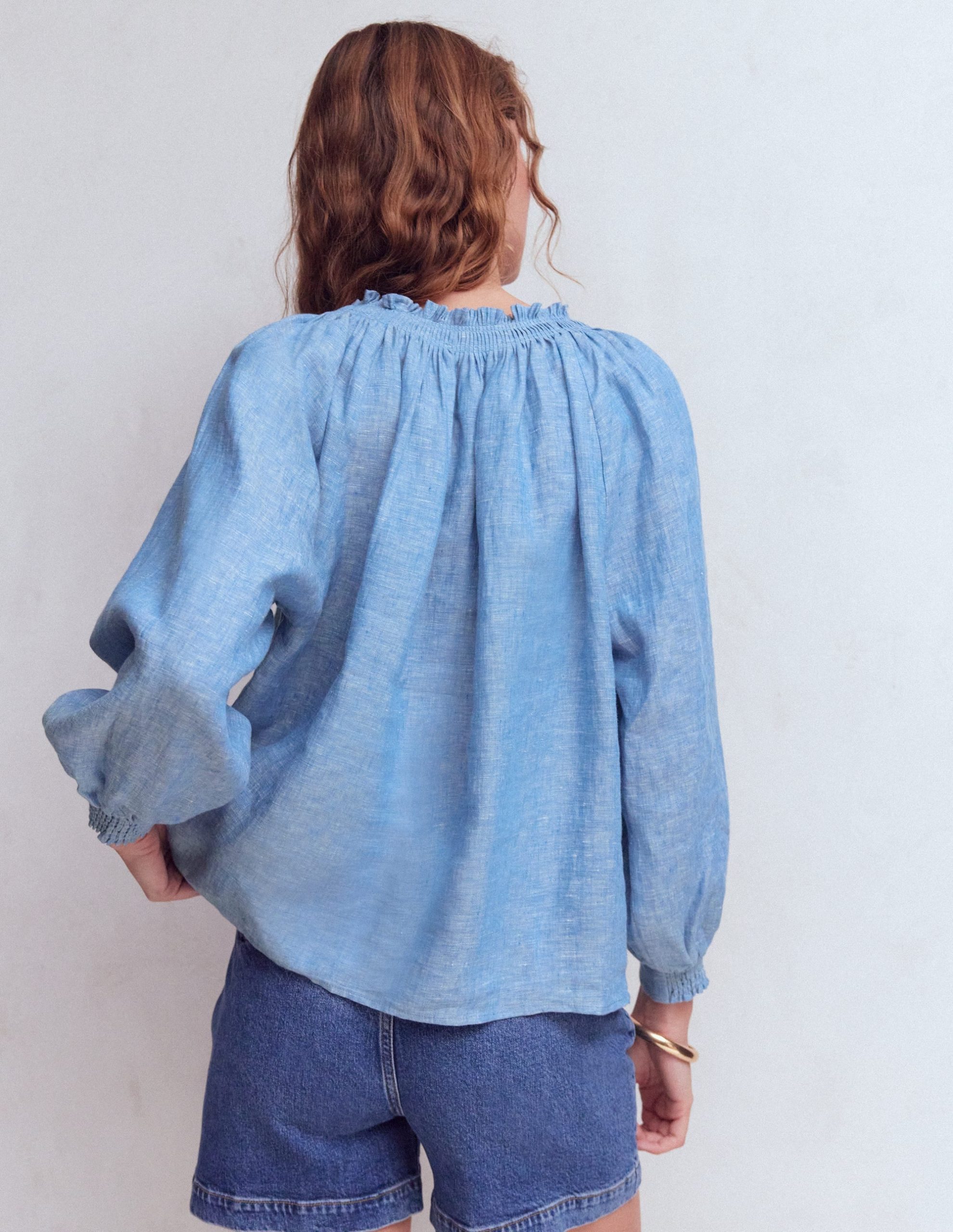 Serena Pleat Neck Linen Top-Chambray - Image 3