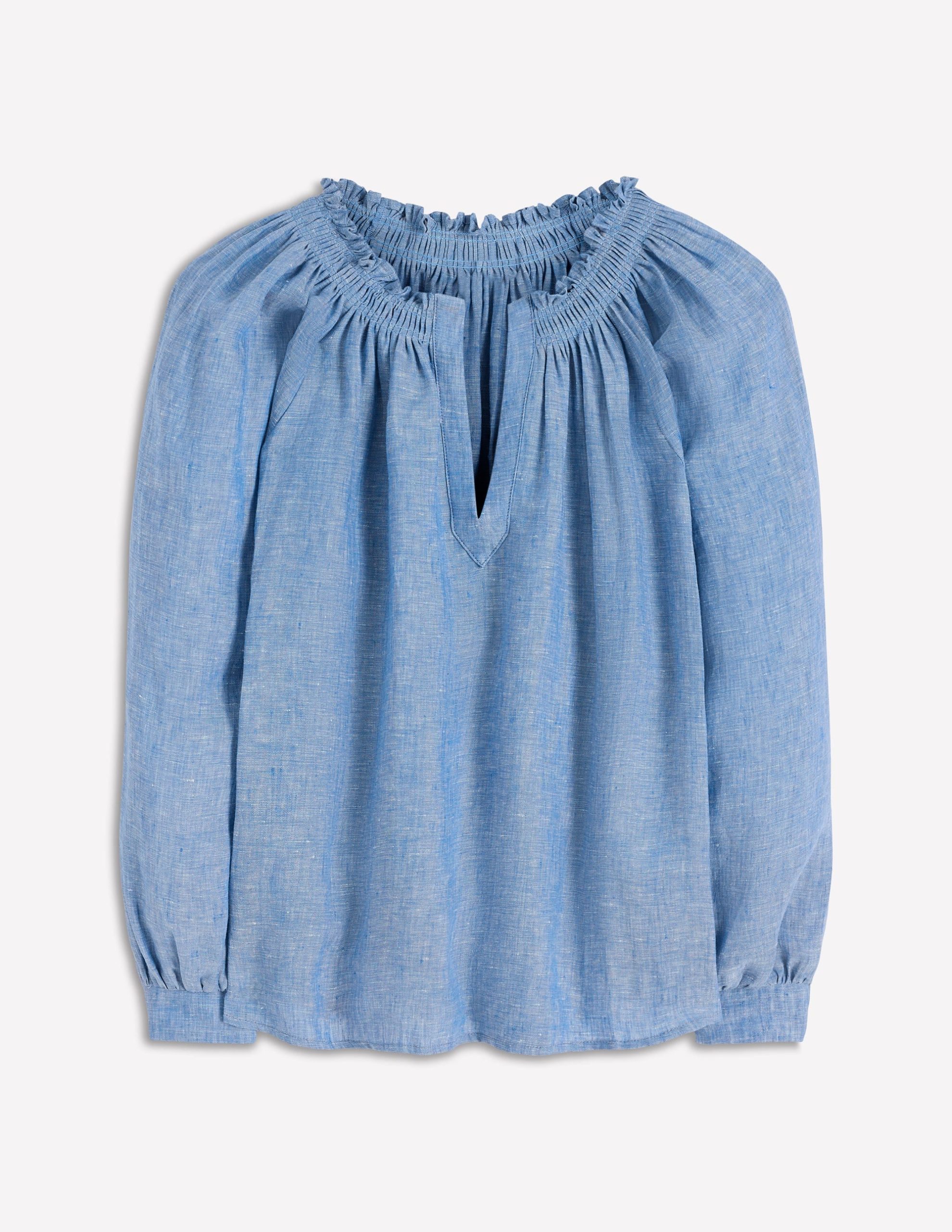 Serena Pleat Neck Linen Top-Chambray - Image 4