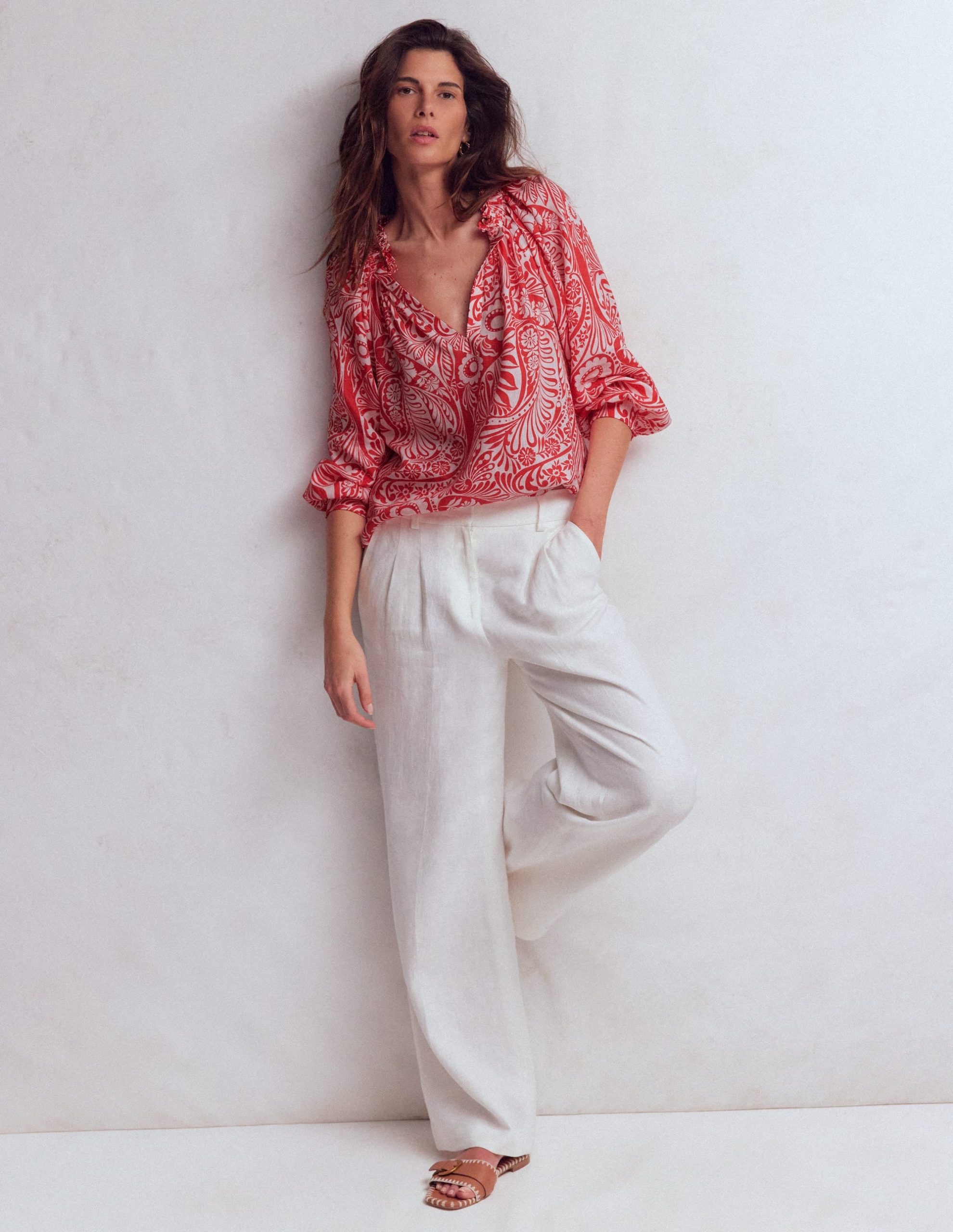 Serena Pleat Neck Linen Top-Red. Enchanted Paisley