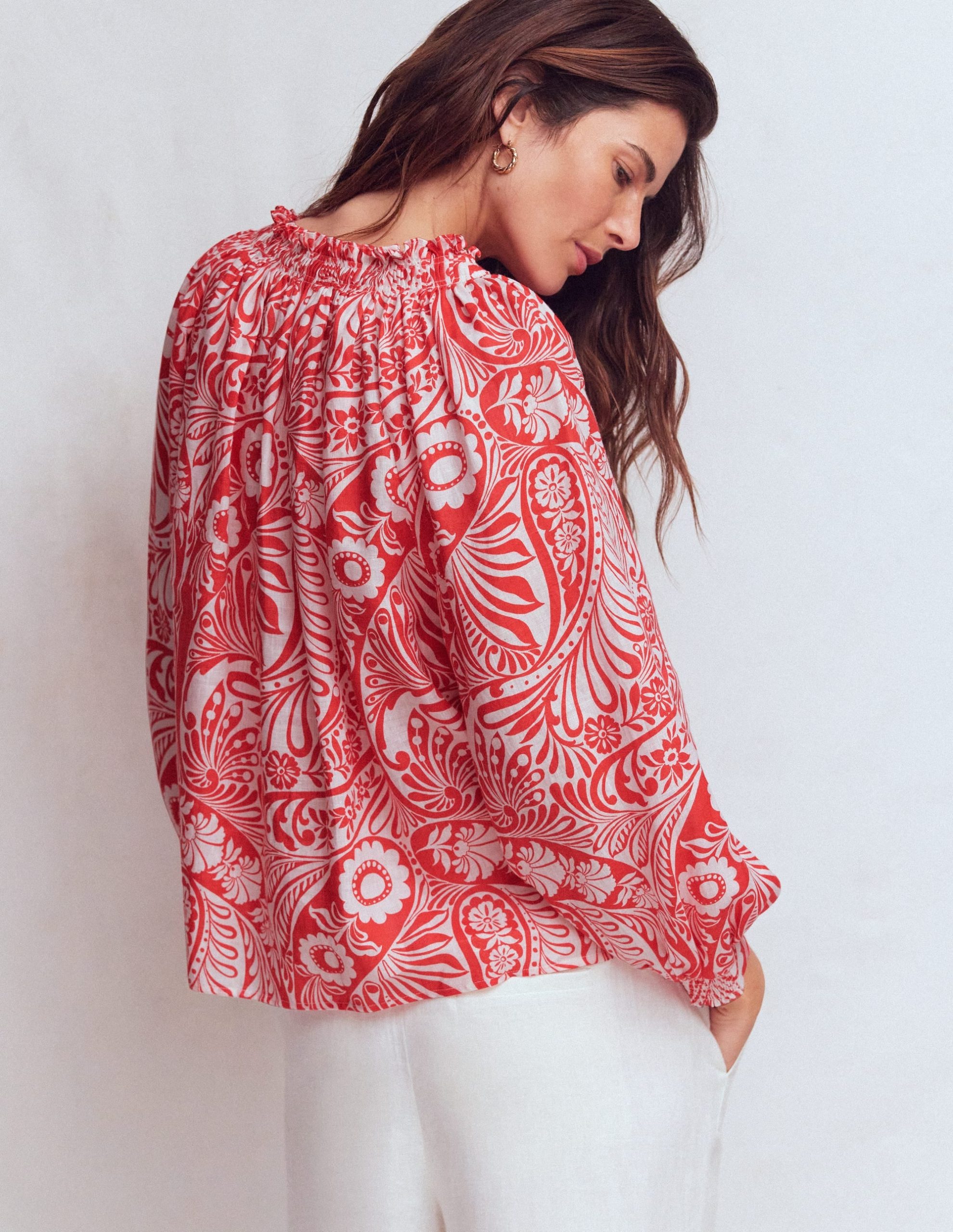 Serena Pleat Neck Linen Top-Red. Enchanted Paisley - Image 3