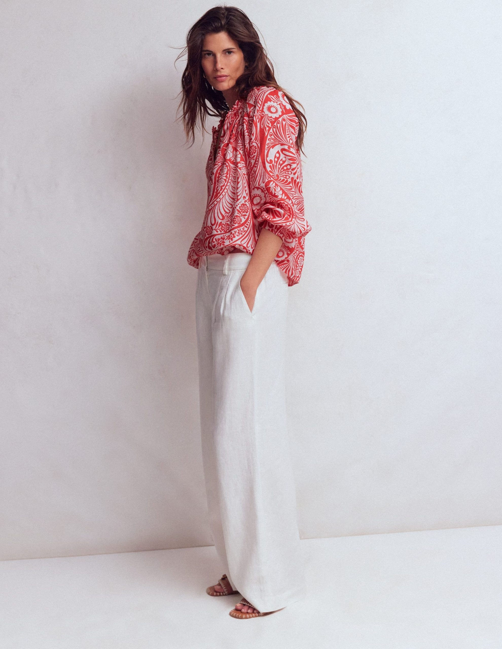 Serena Pleat Neck Linen Top-Red. Enchanted Paisley - Image 4