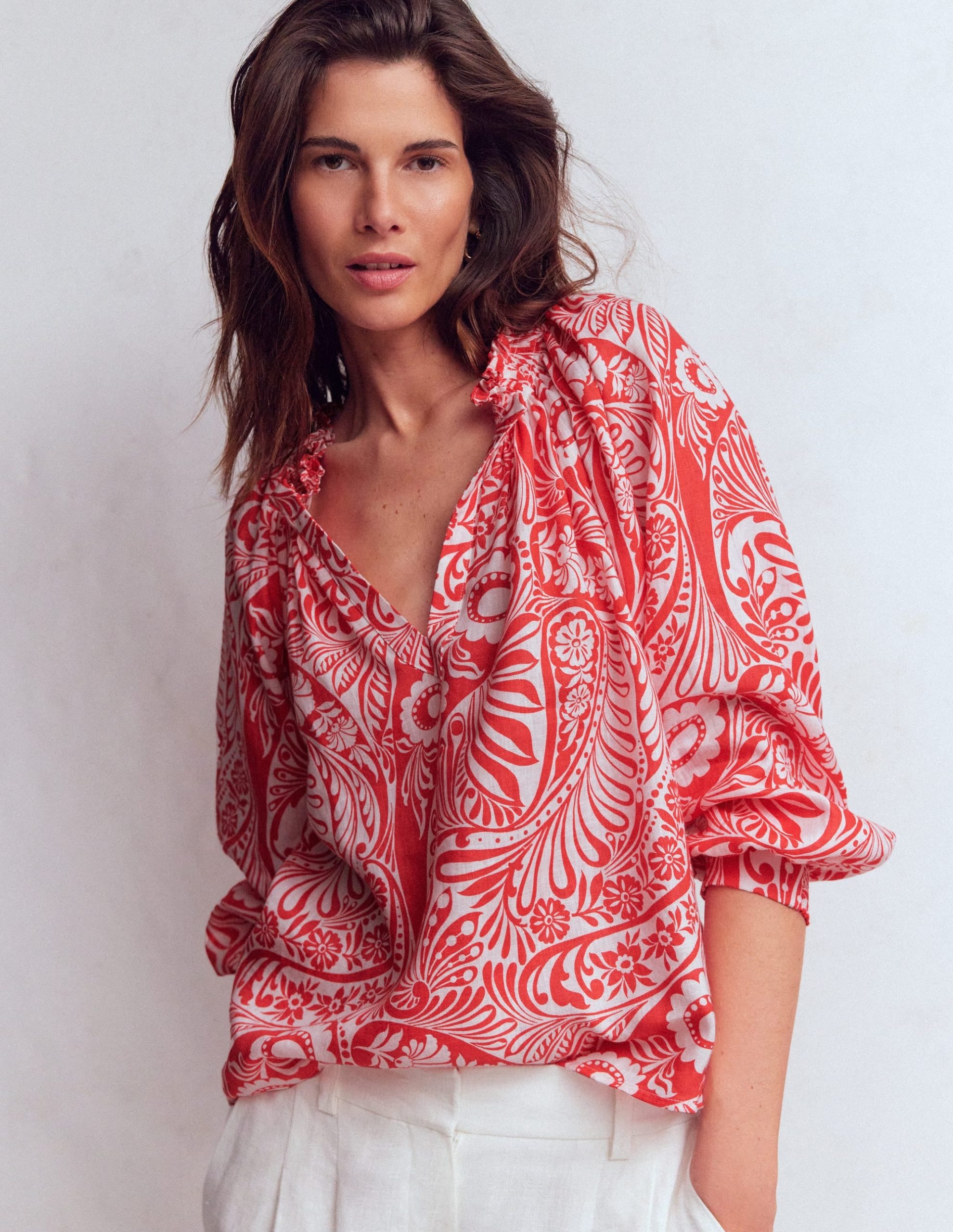 Serena Pleat Neck Linen Top-Red. Enchanted Paisley - Image 5