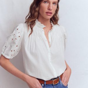 Cutwork Puff Sleeve Top-White