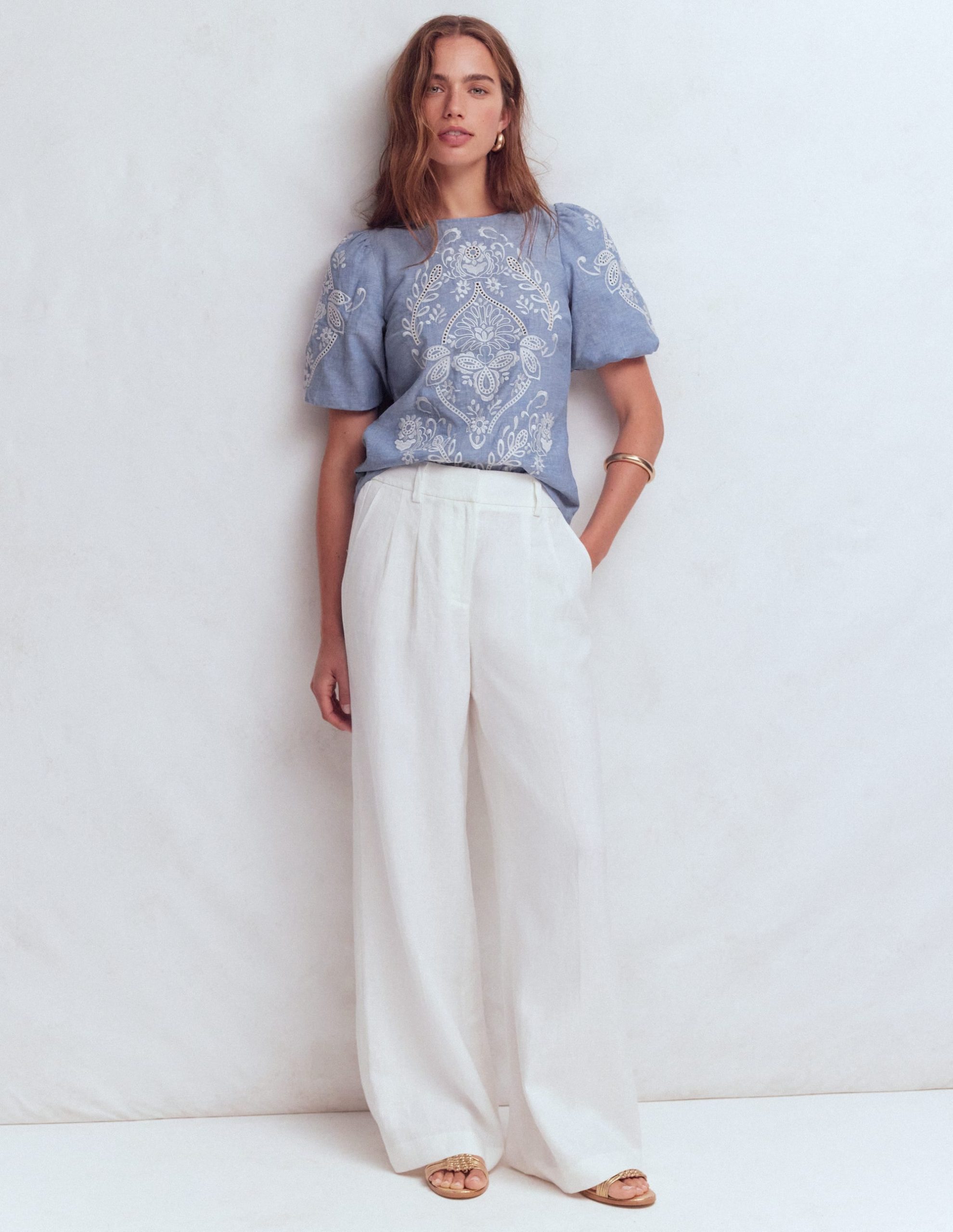 Linen Puff Sleeve Top-Chambray - Image 4