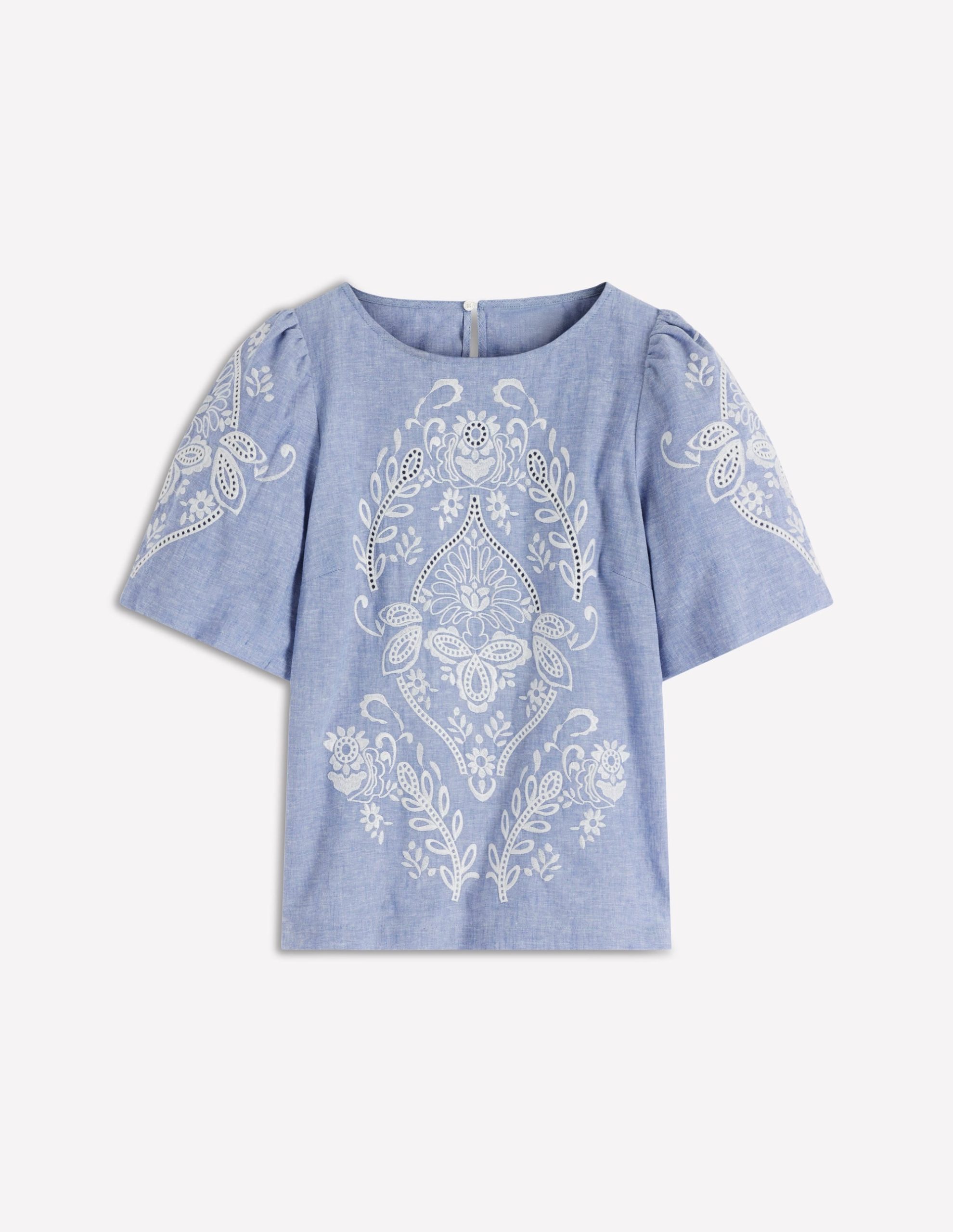 Linen Puff Sleeve Top-Chambray - Image 5