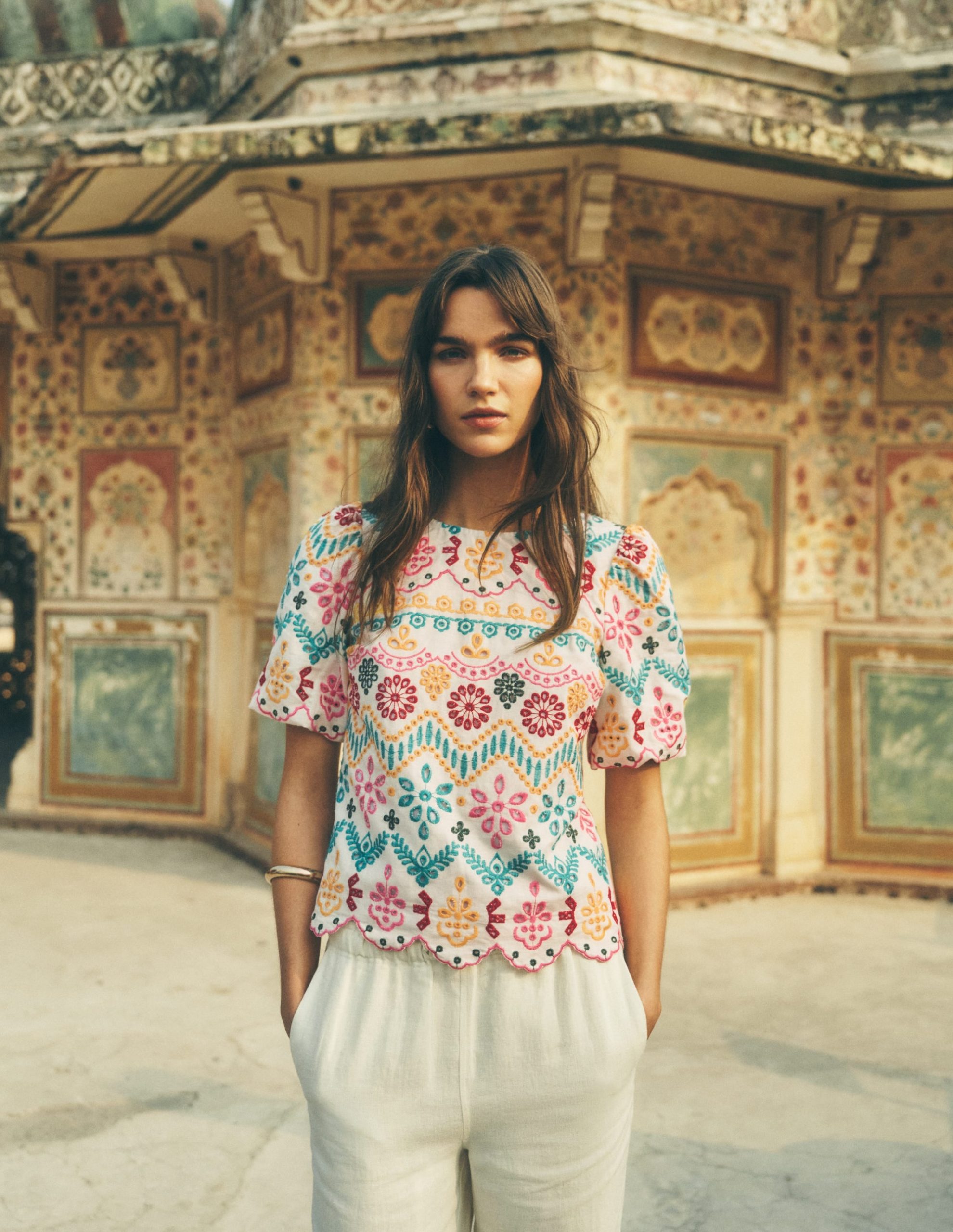 Linen Puff Sleeve Top-Multi Broderie - Image 5