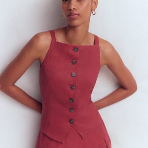 Square Neck Linen Waistcoat-Rich Chestnut