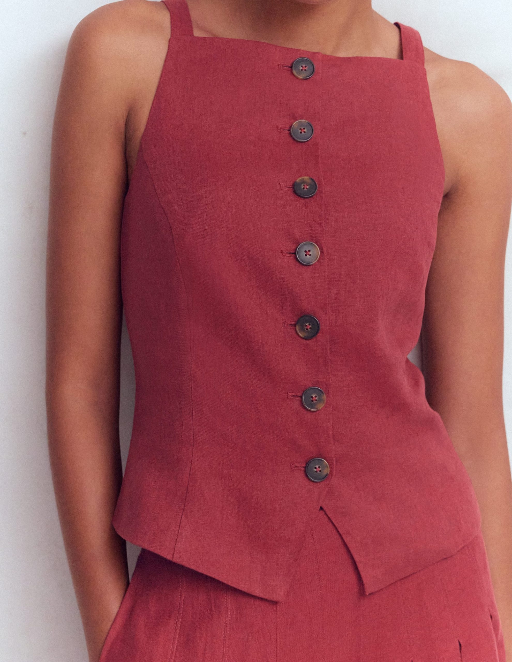 Square Neck Linen Waistcoat-Rich Chestnut - Image 2