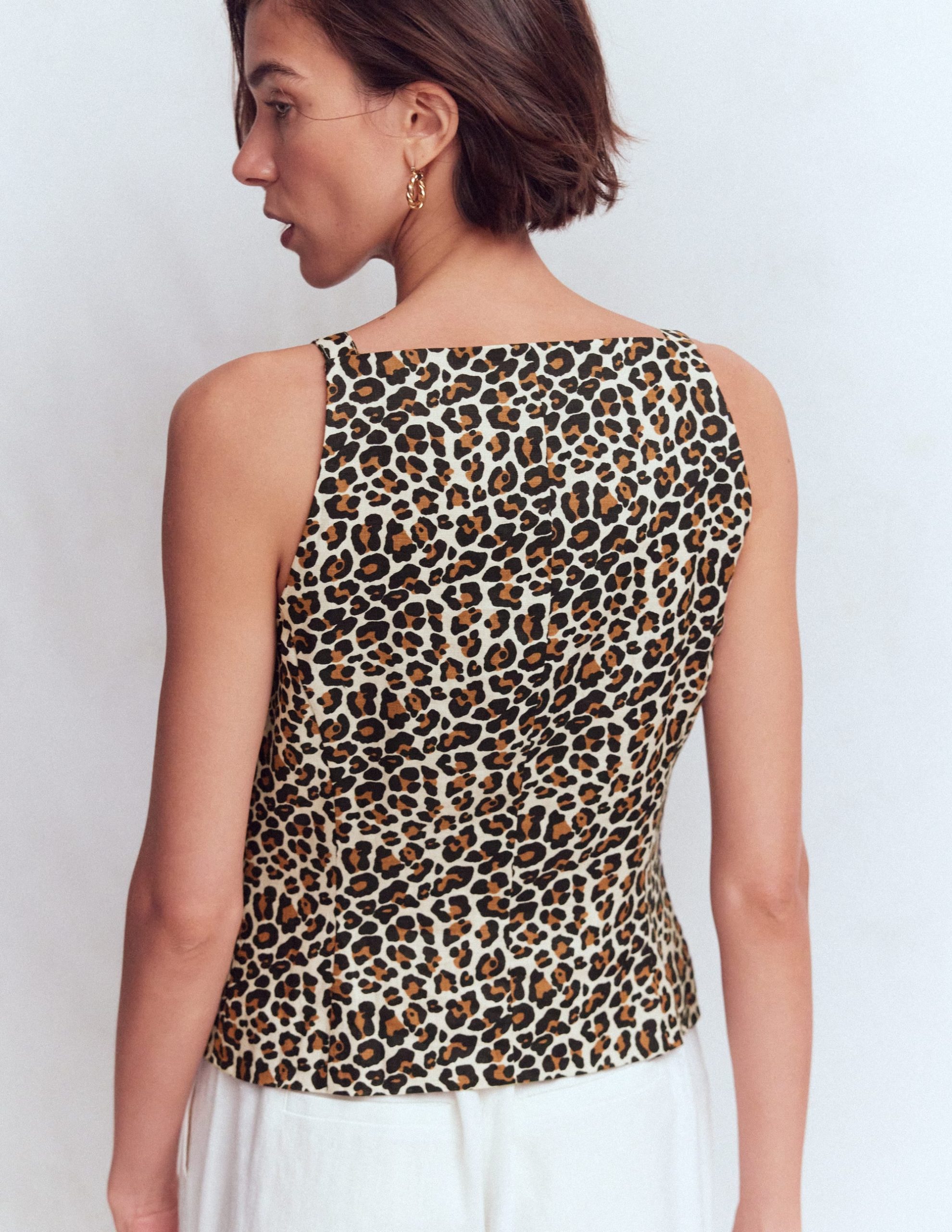 Square Neck Linen Waistcoat-Leopard Print - Image 3