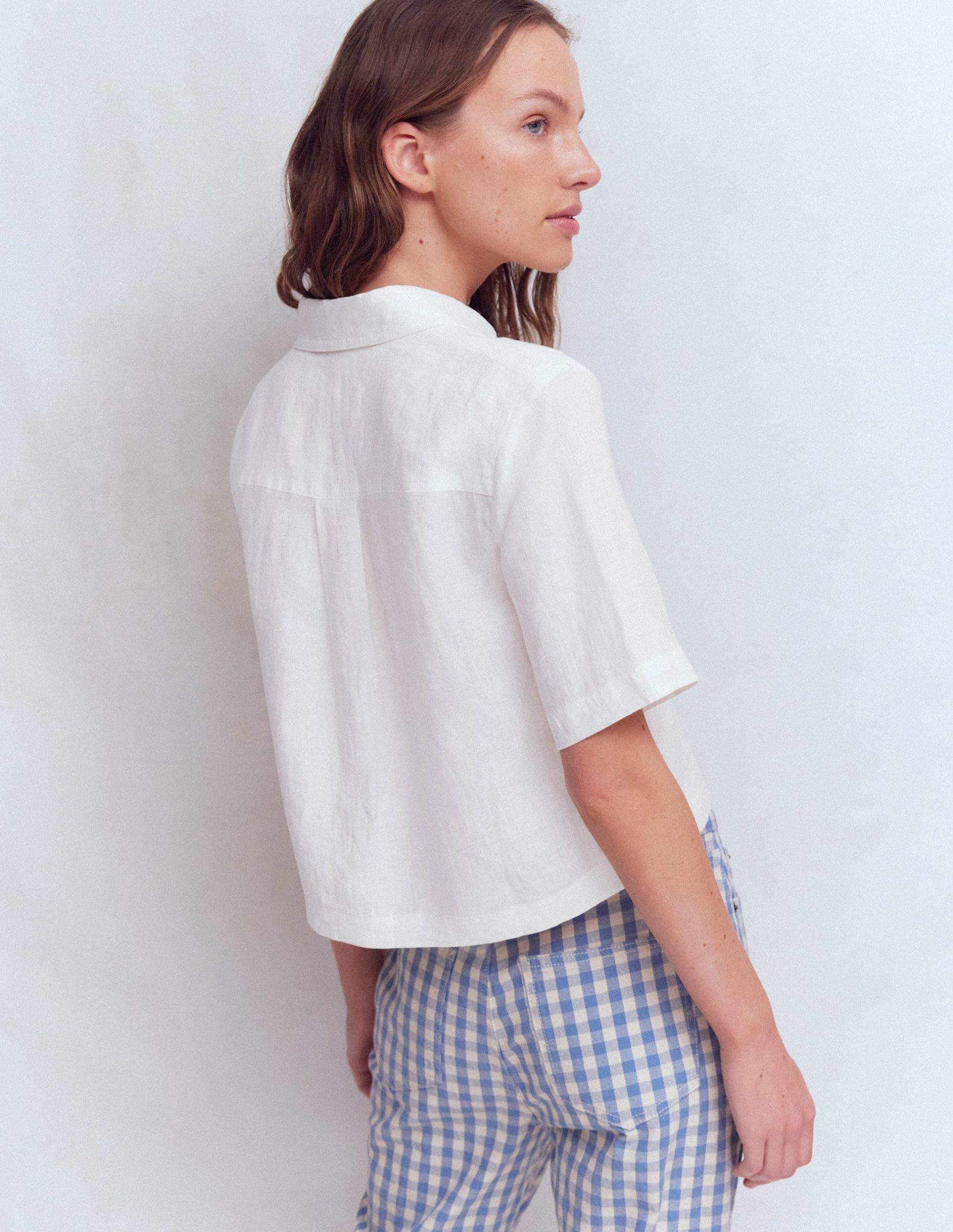 Short Sleeve Linen Shirt-White - Image 3