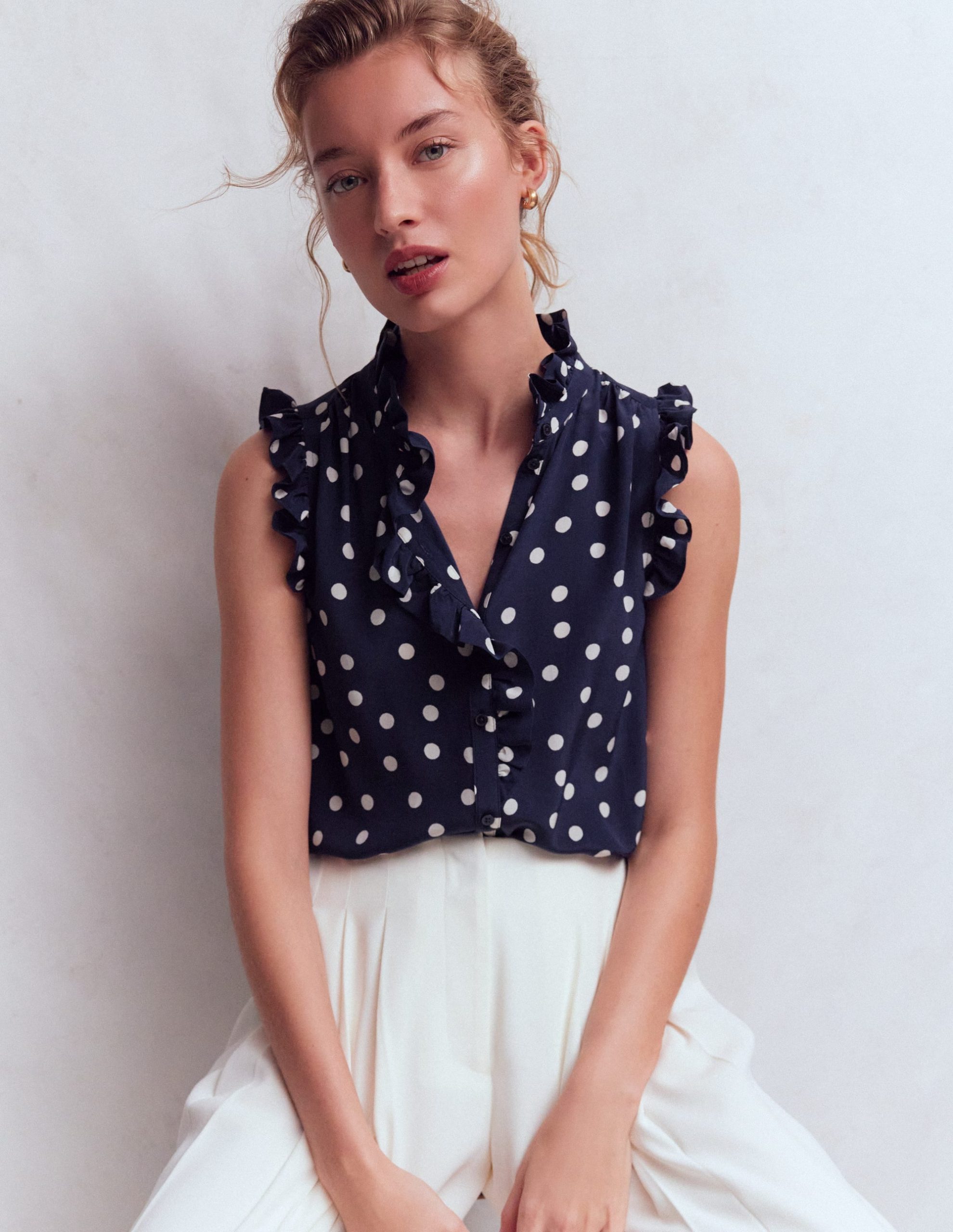 Isabel Sleeveless Silk Top-French Navy. Painted Dot