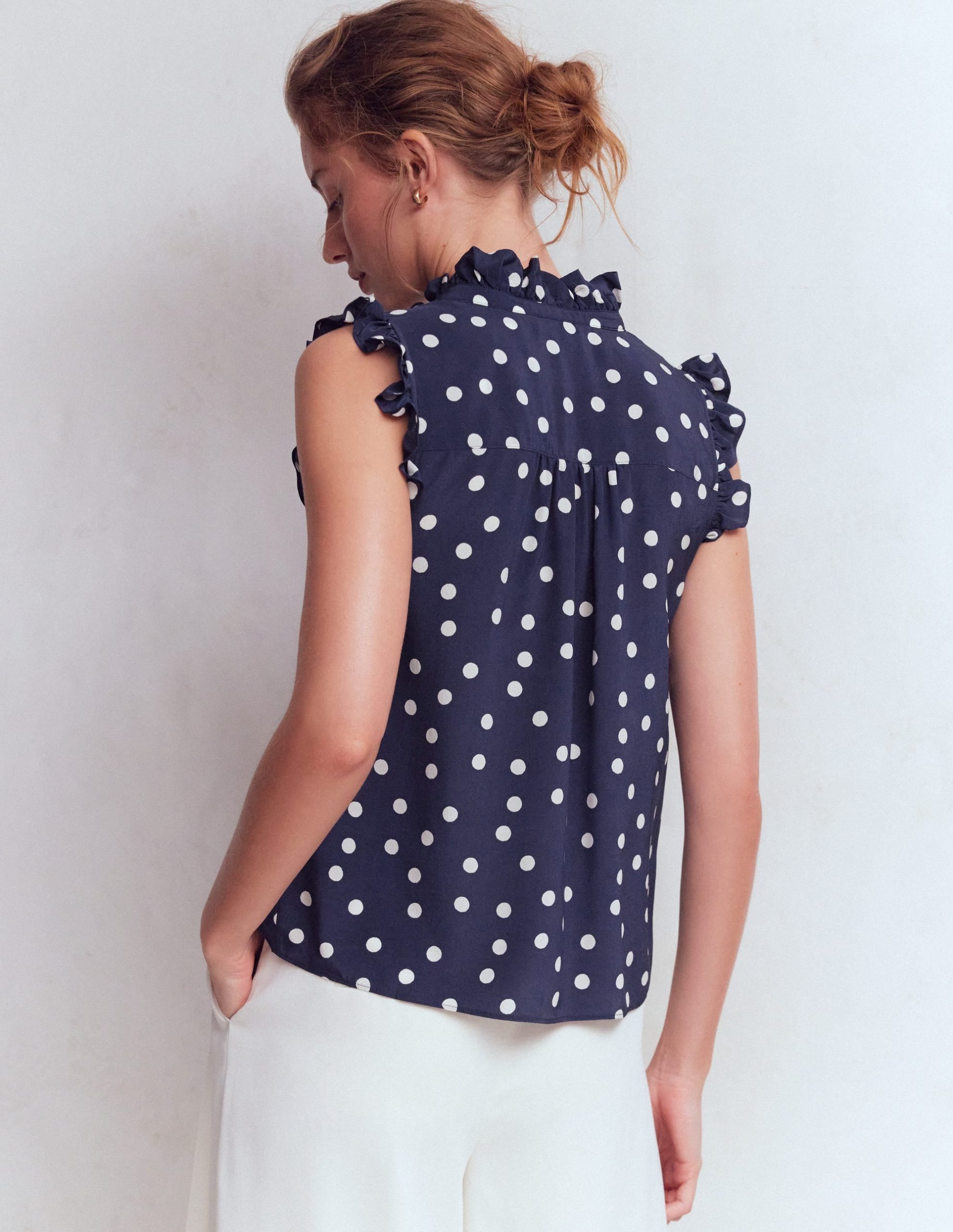 Isabel Sleeveless Silk Top-French Navy. Painted Dot - Image 3