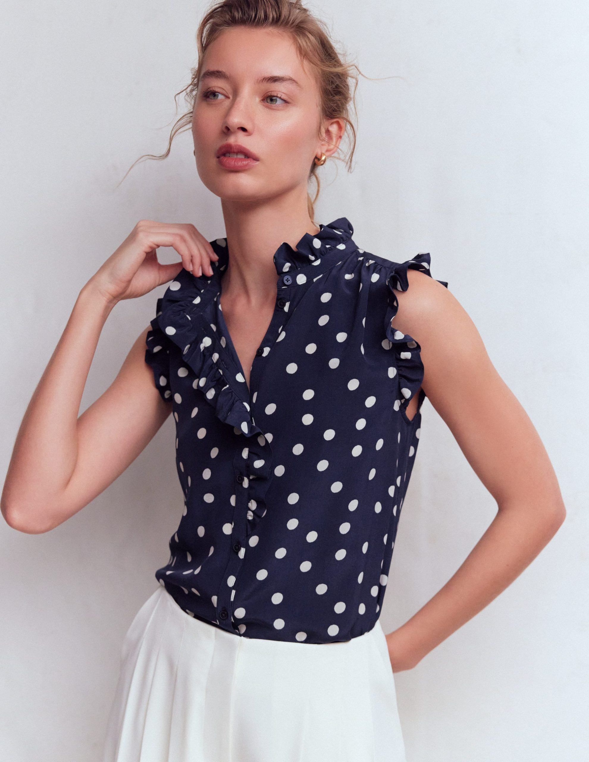 Isabel Sleeveless Silk Top-French Navy. Painted Dot - Image 5