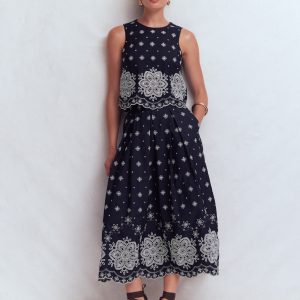 Sofia Broderie Shell Top-Navy