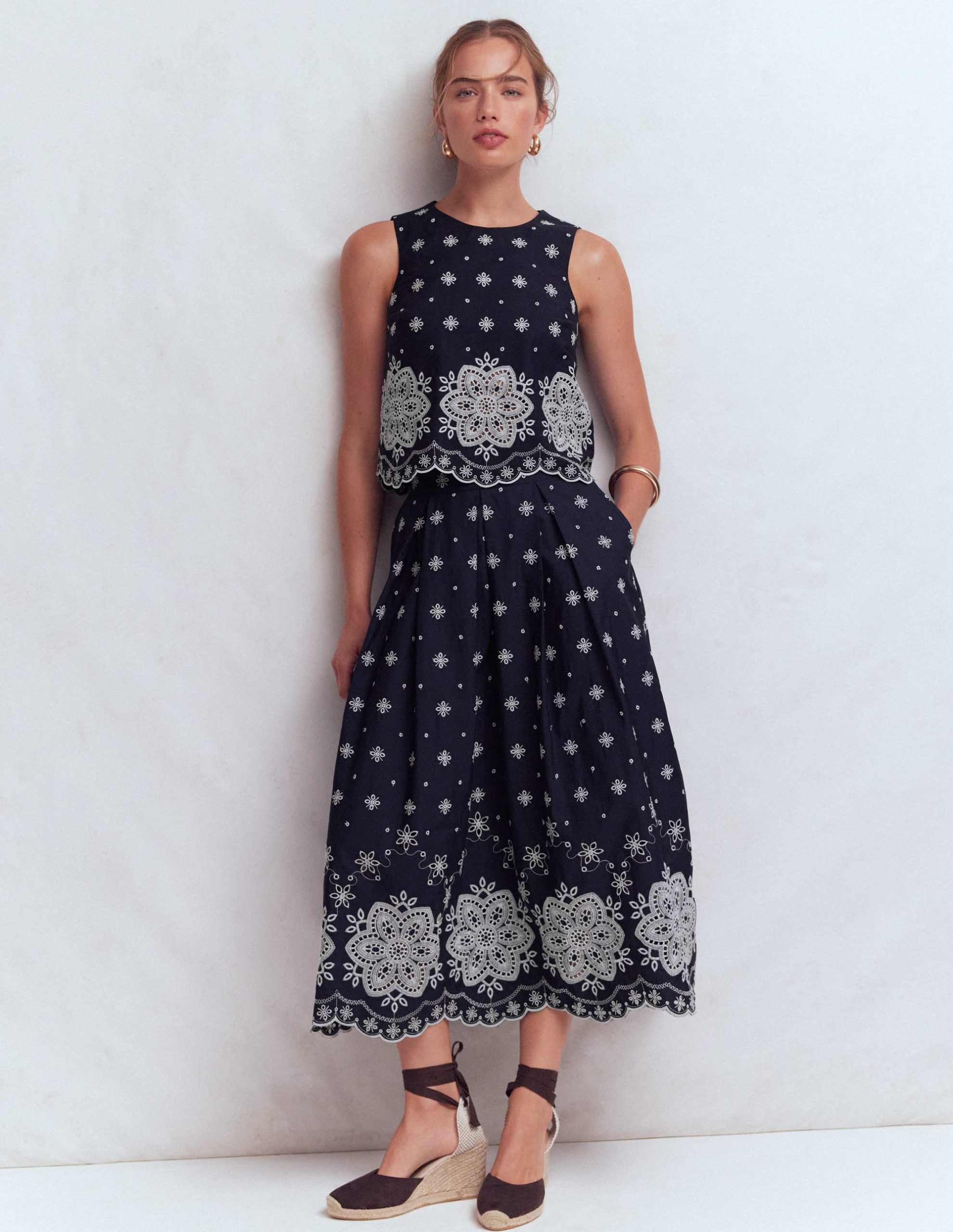 Sofia Broderie Shell Top-Navy