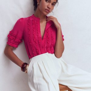 Short Sleeve Silk Ruffle Top-Vibrant Pink
