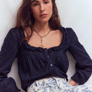 Scoop Neck Ruffle Top-Navy