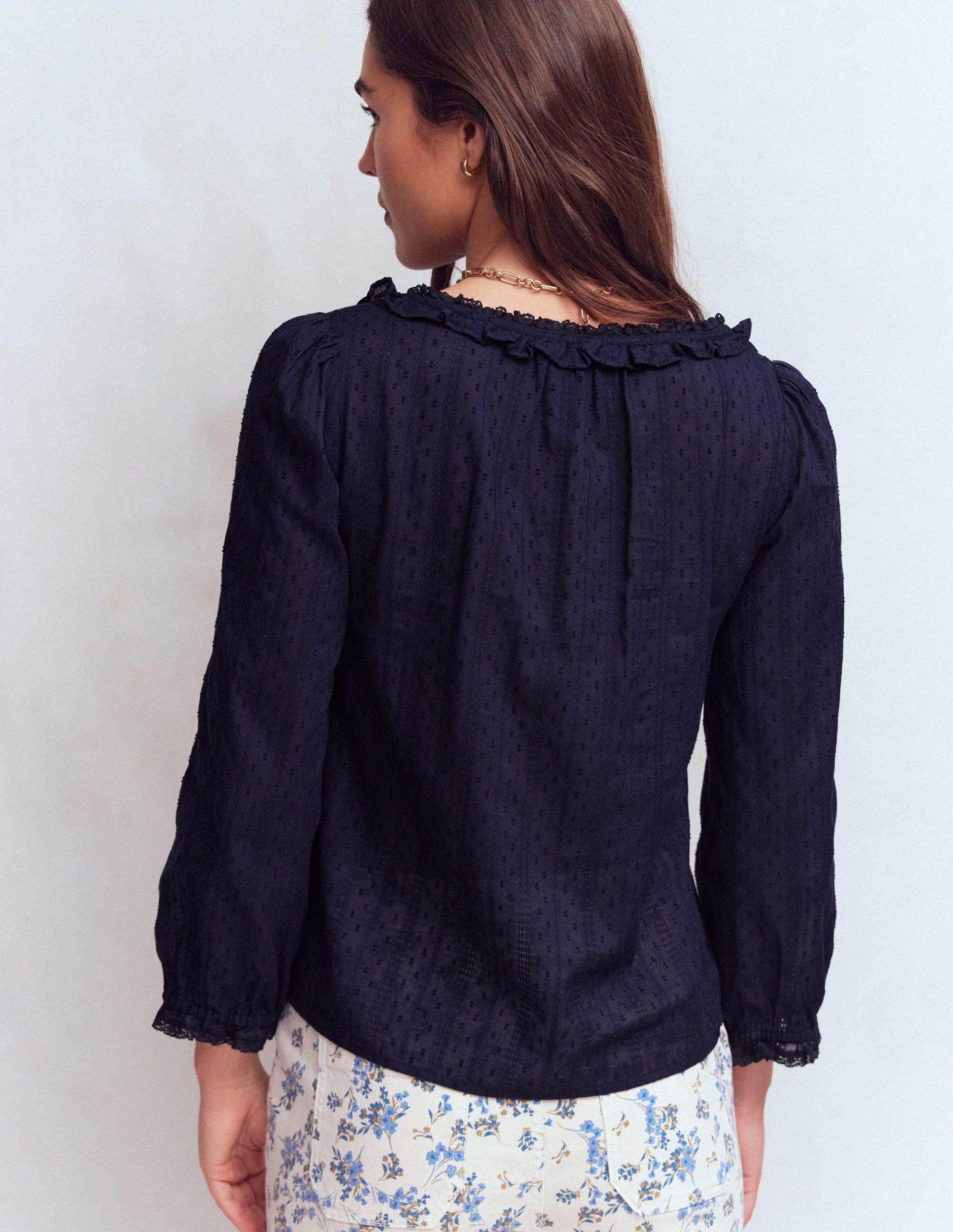 Scoop Neck Ruffle Top-Navy - Image 3