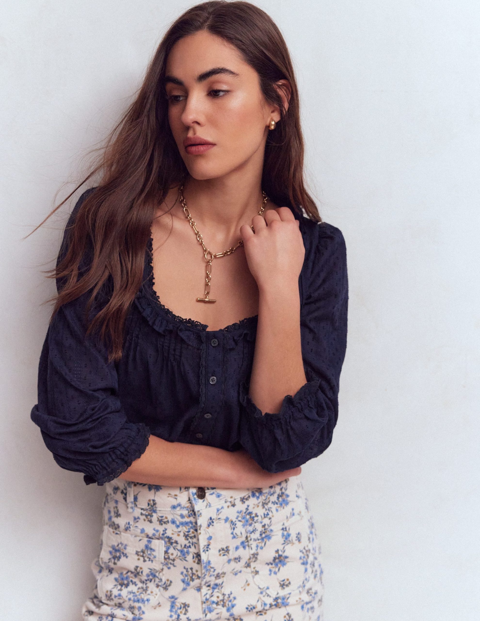 Scoop Neck Ruffle Top-Navy - Image 4