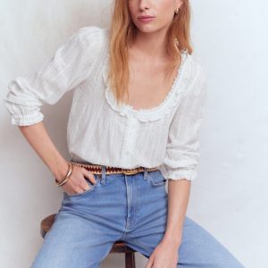 Scoop Neck Ruffle Top-White