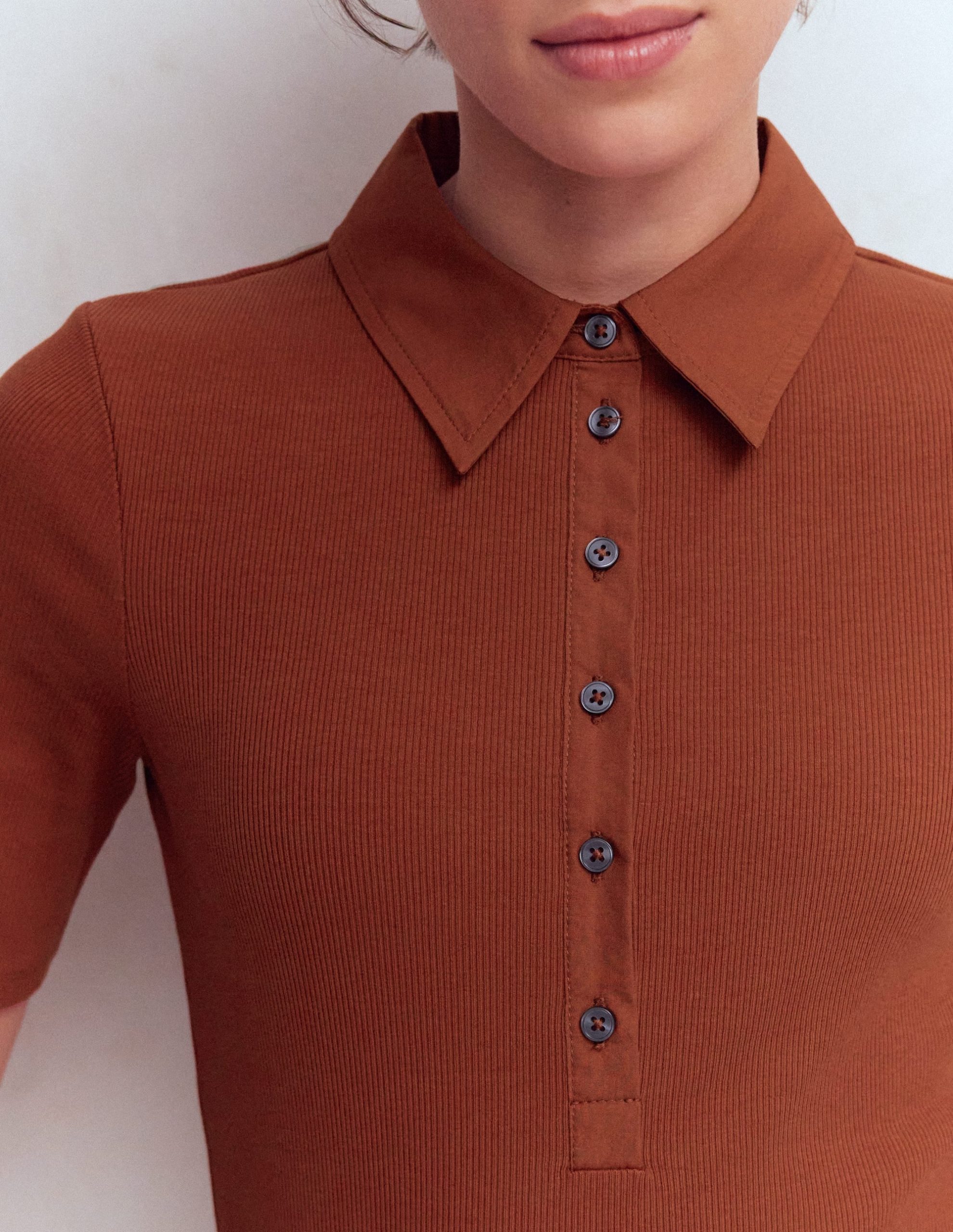 Collared Ribbed Henley Top-Burnt Orange - Image 2