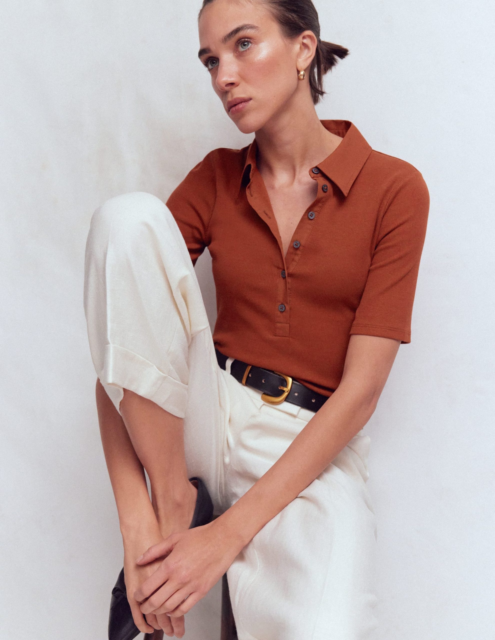 Collared Ribbed Henley Top-Burnt Orange - Image 4