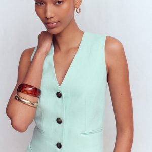 Linen V-Neck Waistcoat-Spearmint