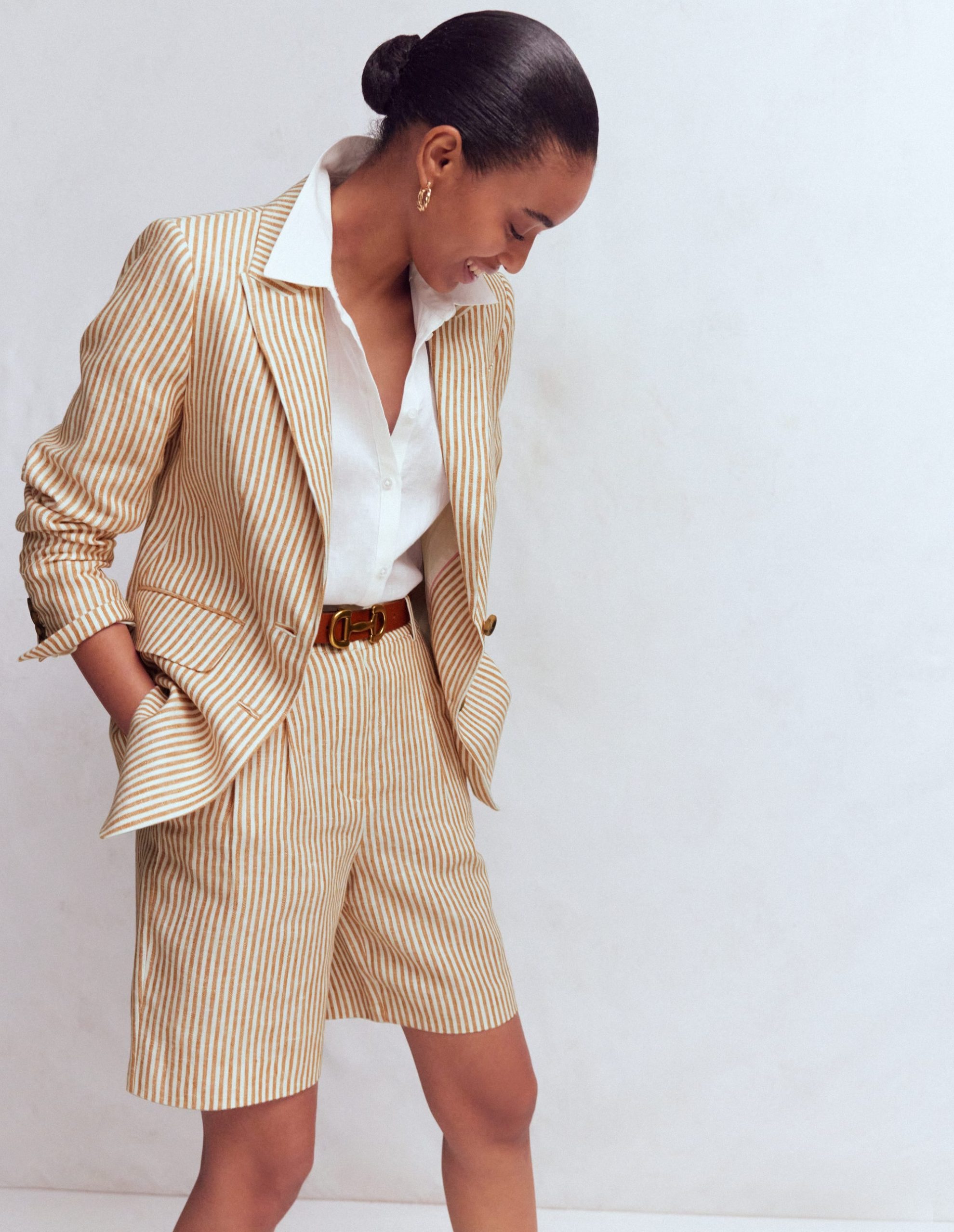 Stamford Linen Blazer-Brown. Ivory Ticking Stripe - Image 2