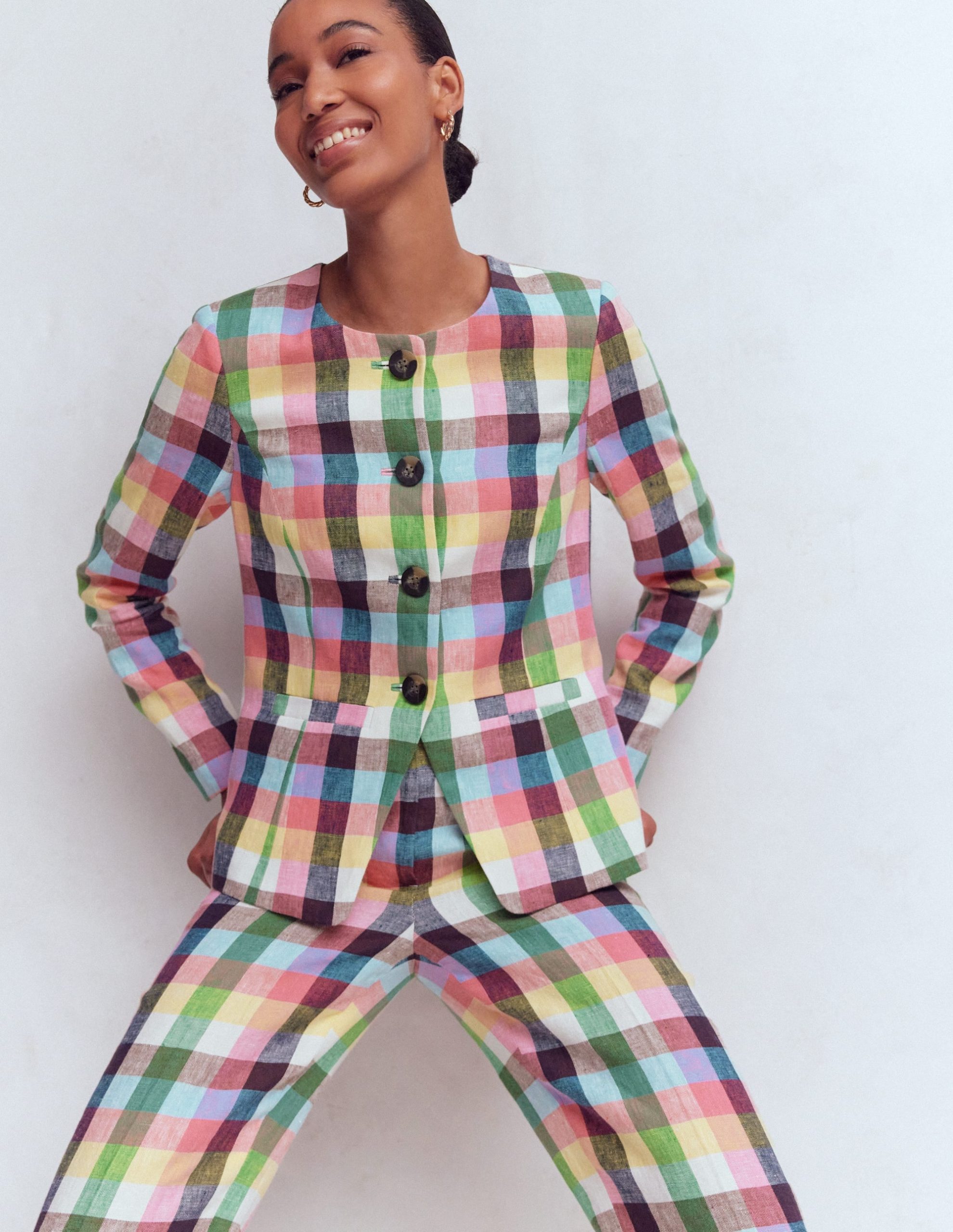 Hampstead Linen Blazer-Soft Yellow. Pink Multigingham - Image 2