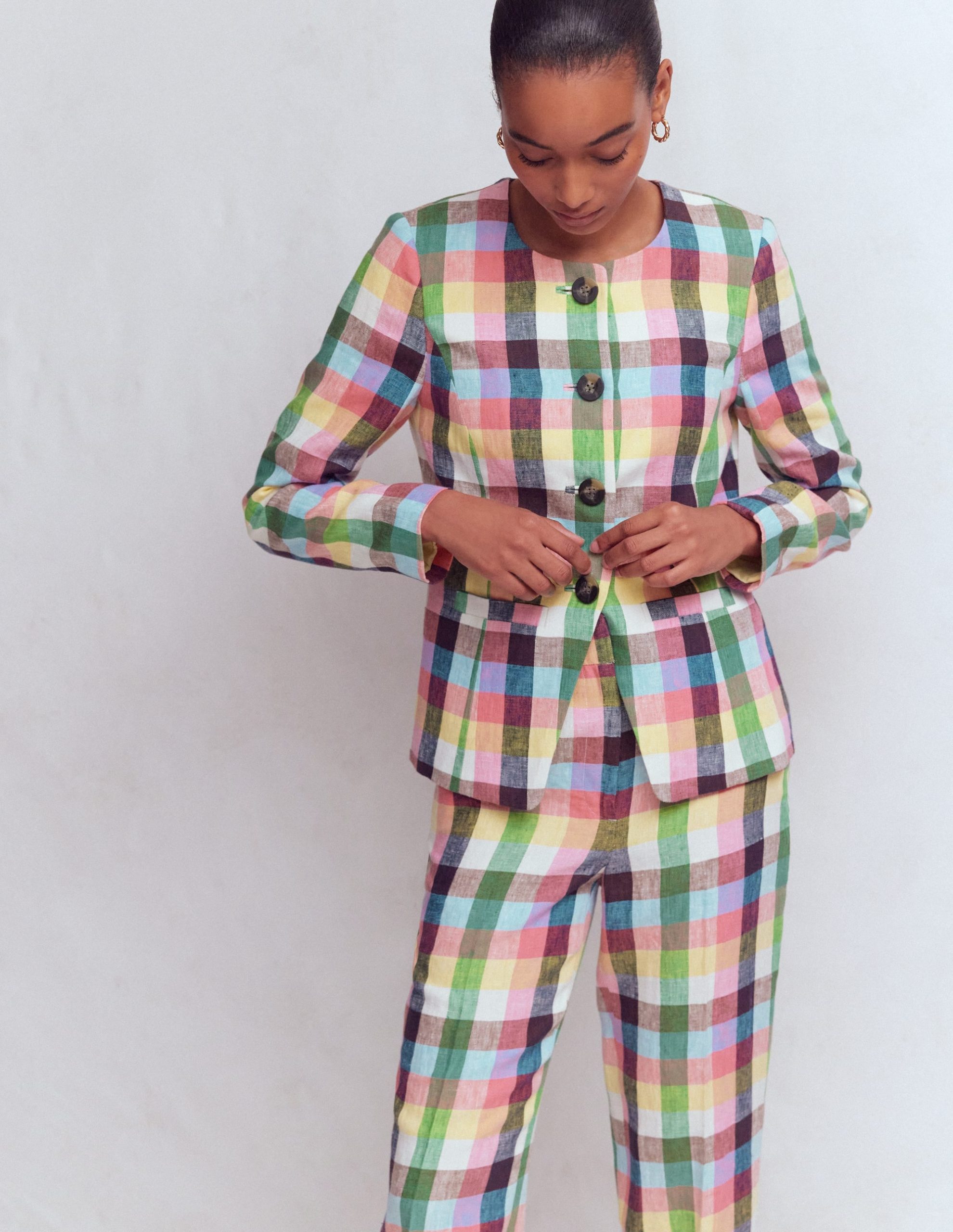 Hampstead Linen Blazer-Soft Yellow. Pink Multigingham - Image 6