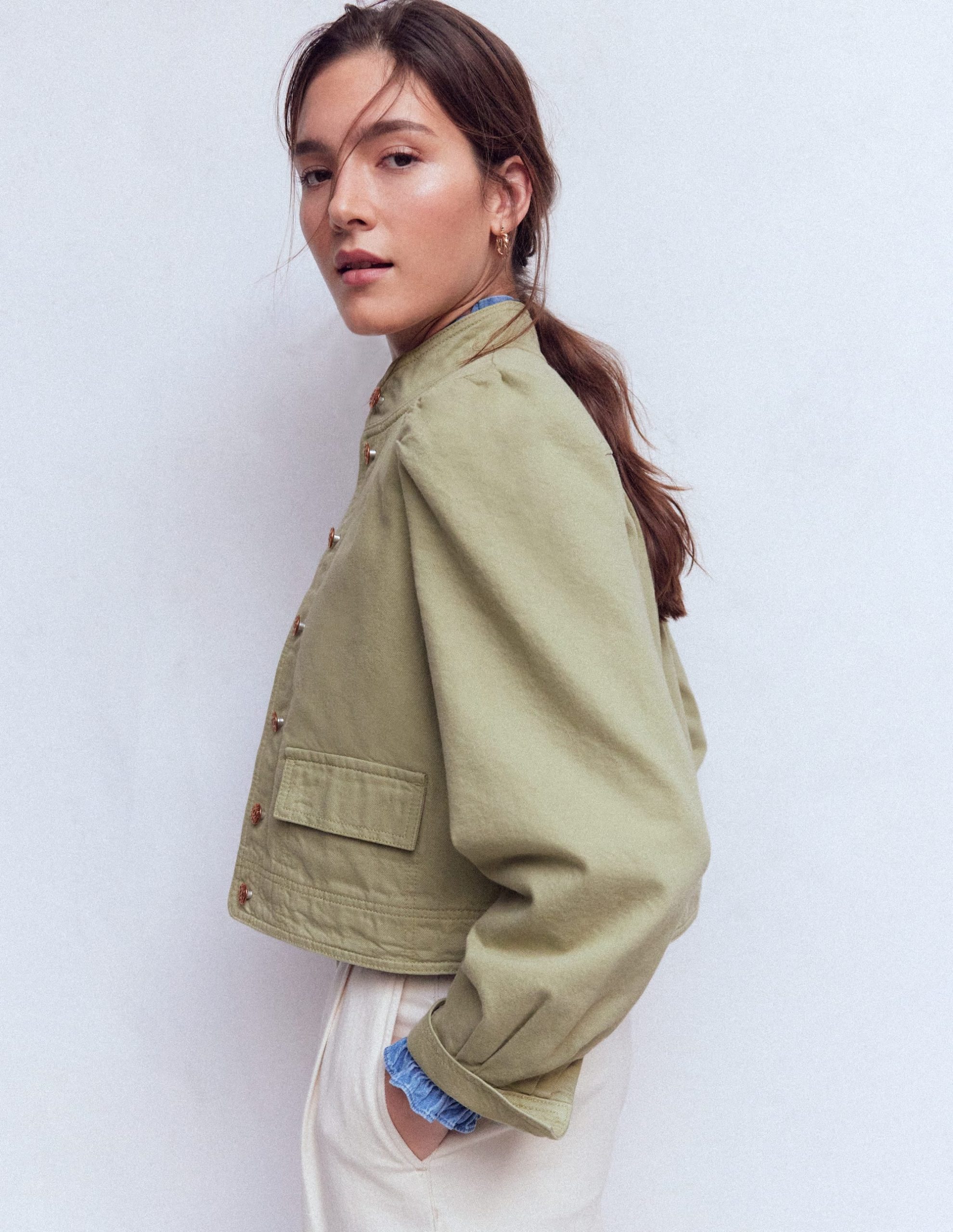 Topstitch Denim Jacket-Soft Green - Image 5