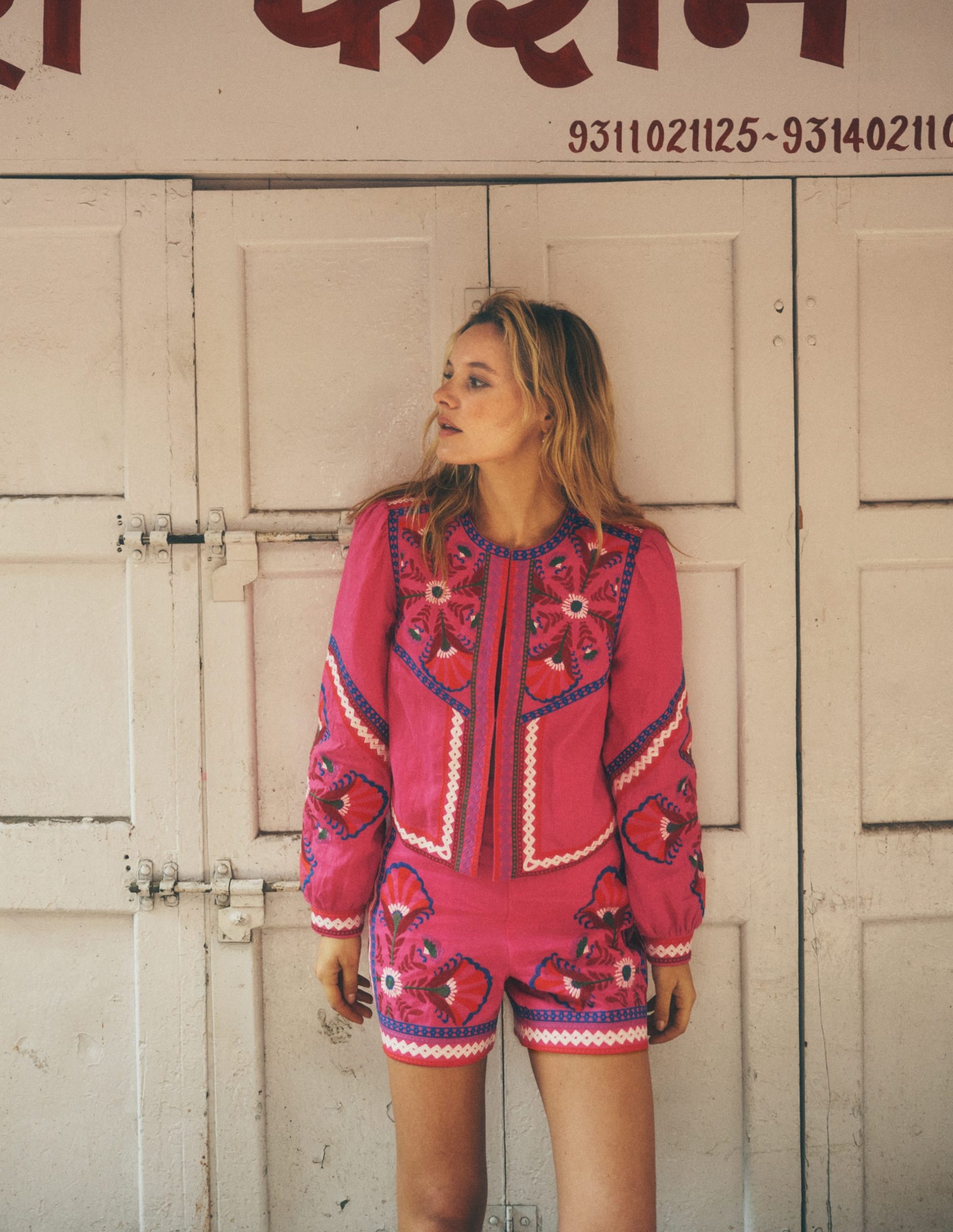 Embroidered Linen Jacket-Pink Peony. Embroidered - Image 6