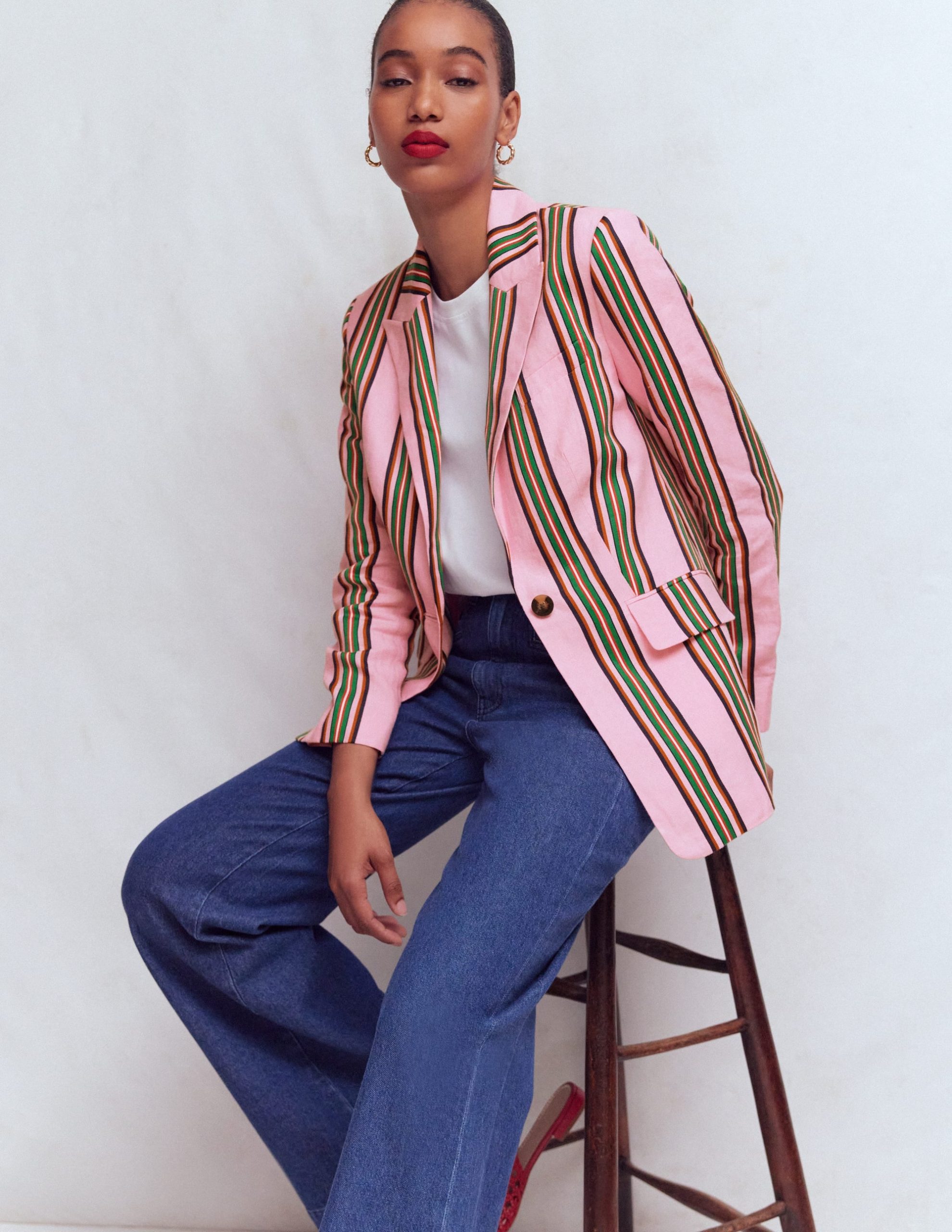 Woodbridge Linen Blazer-Pink. Rich Emerald Stripe