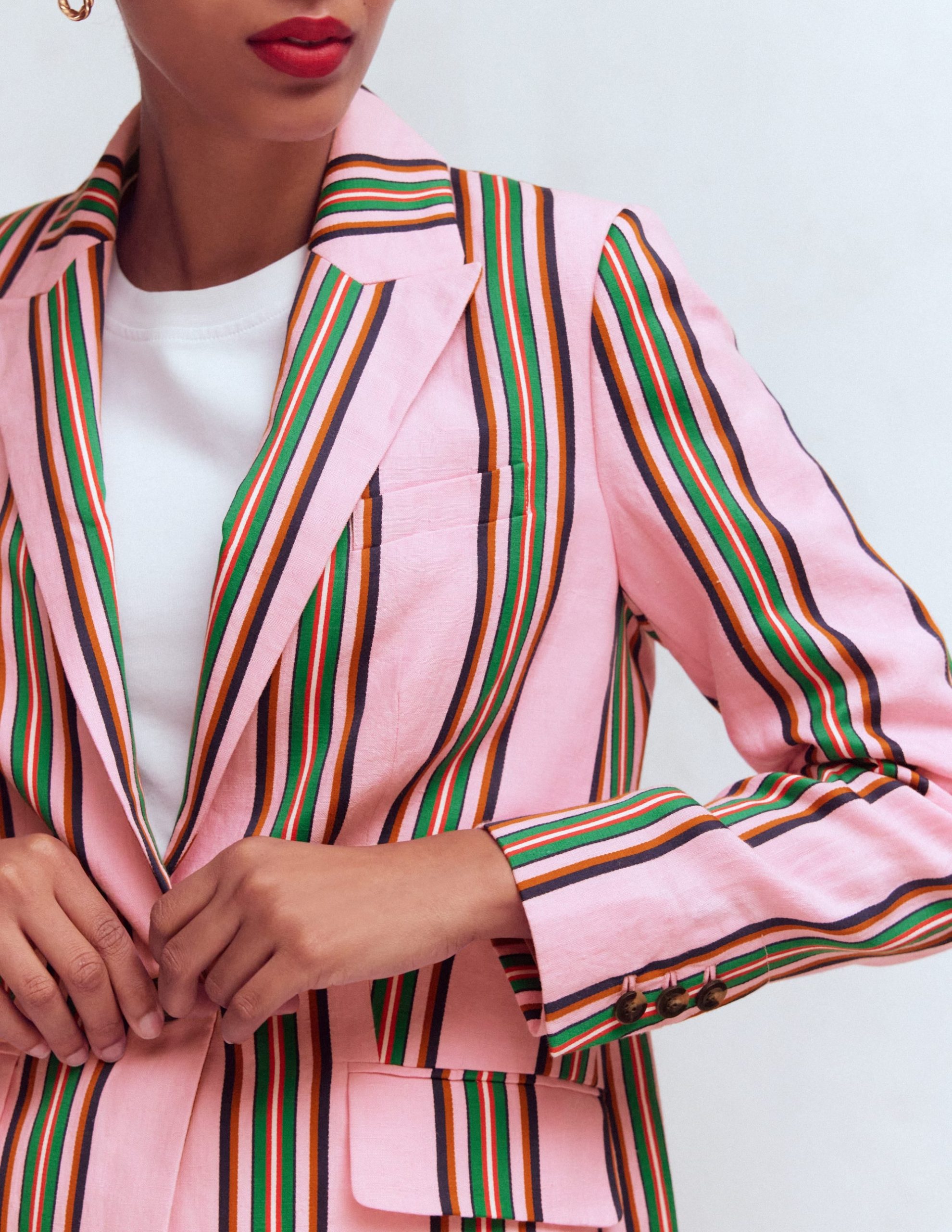 Woodbridge Linen Blazer-Pink. Rich Emerald Stripe - Image 2