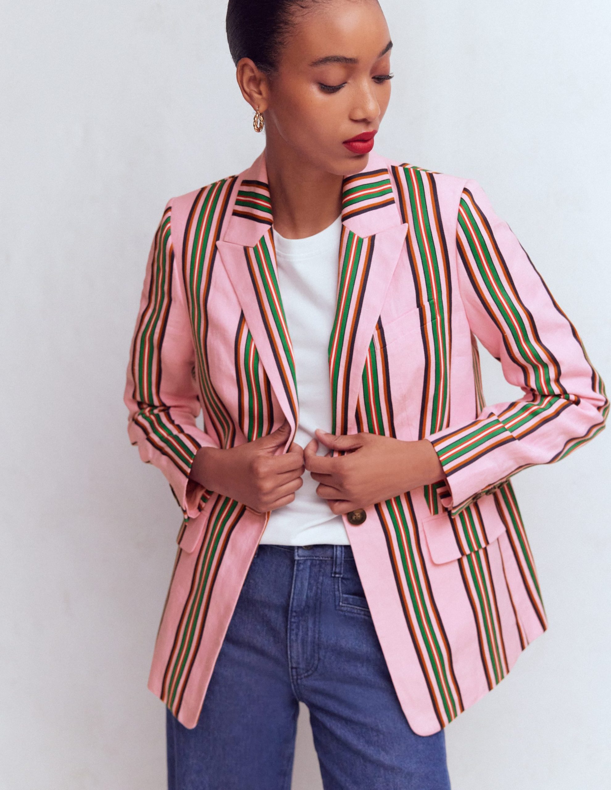Woodbridge Linen Blazer-Pink. Rich Emerald Stripe - Image 4