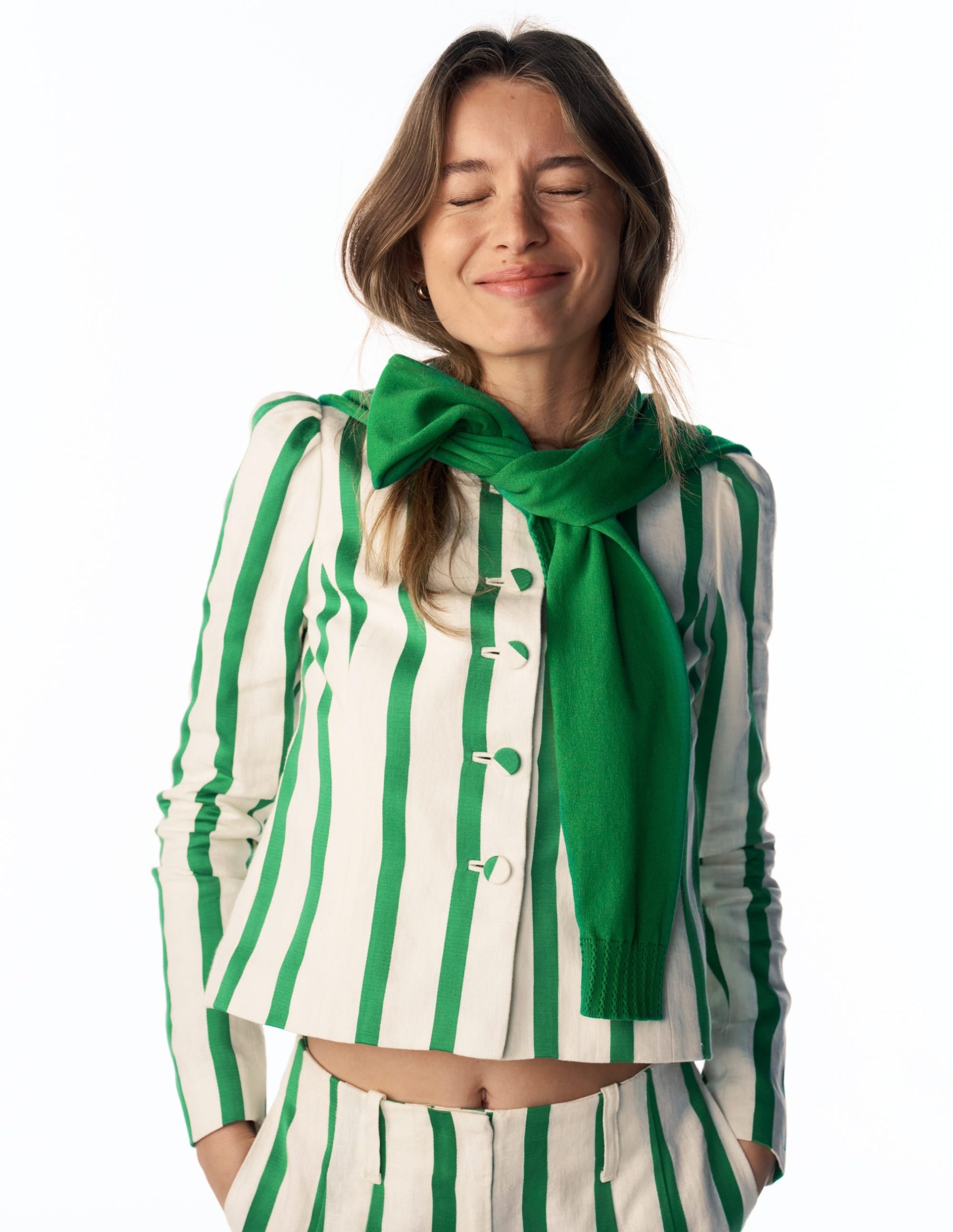 Salisbury Puff Sleeve Jacket-Ivory. Fresh Green Stripe - Image 2